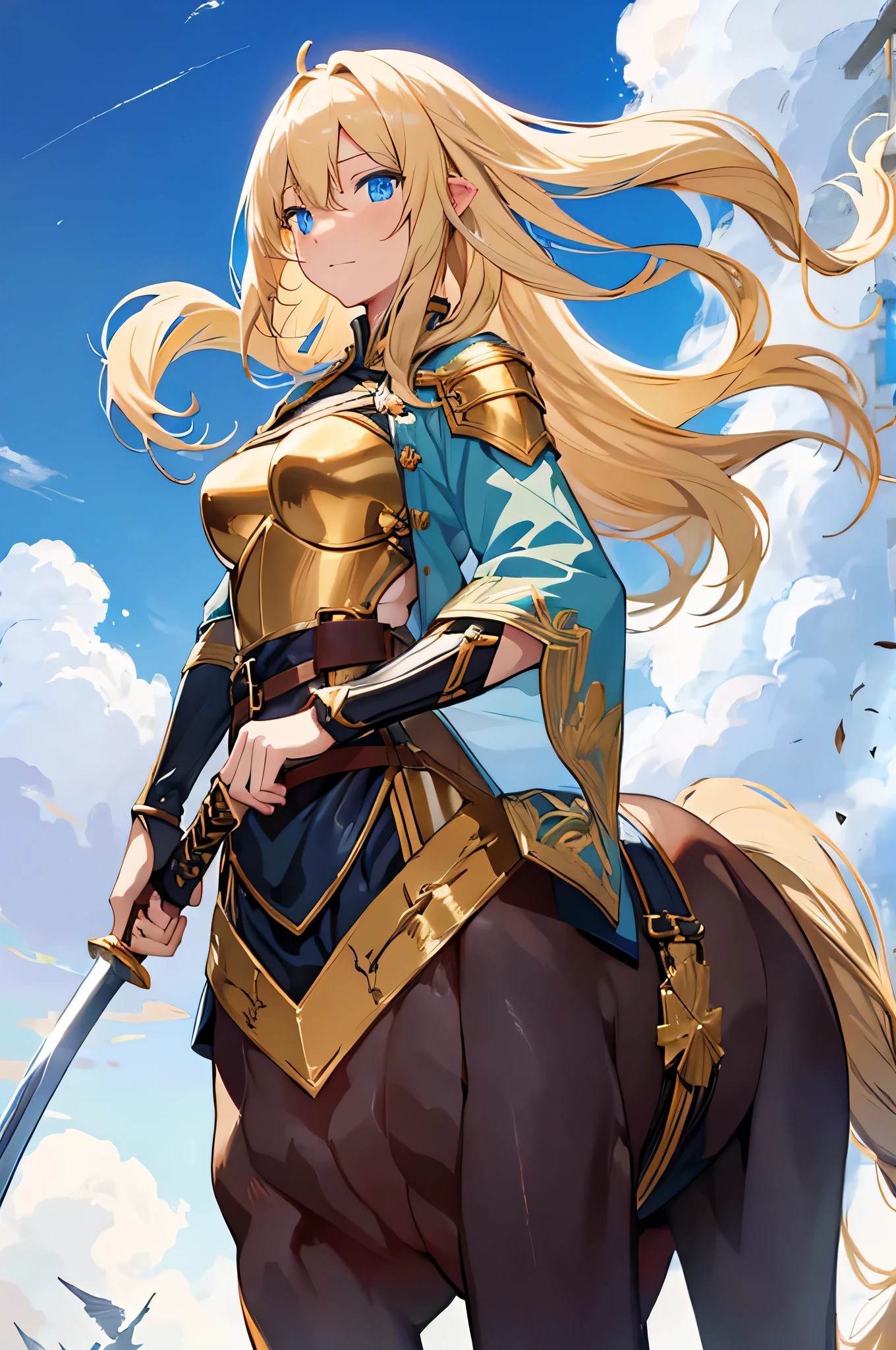 4k,High resolution,one woman,centaur,blonde,long hair,blue eyes,knight,白色のknightの鎧,gold decoration,long sword,Plain color