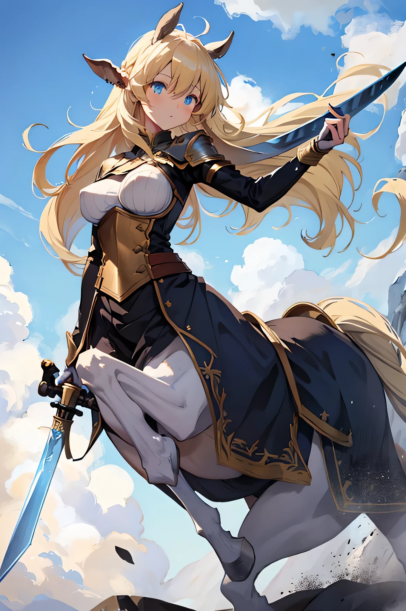 4k,High resolution,one woman,centaur,blonde,long hair,blue eyes,knight,white holy armor,long sword,Plain color