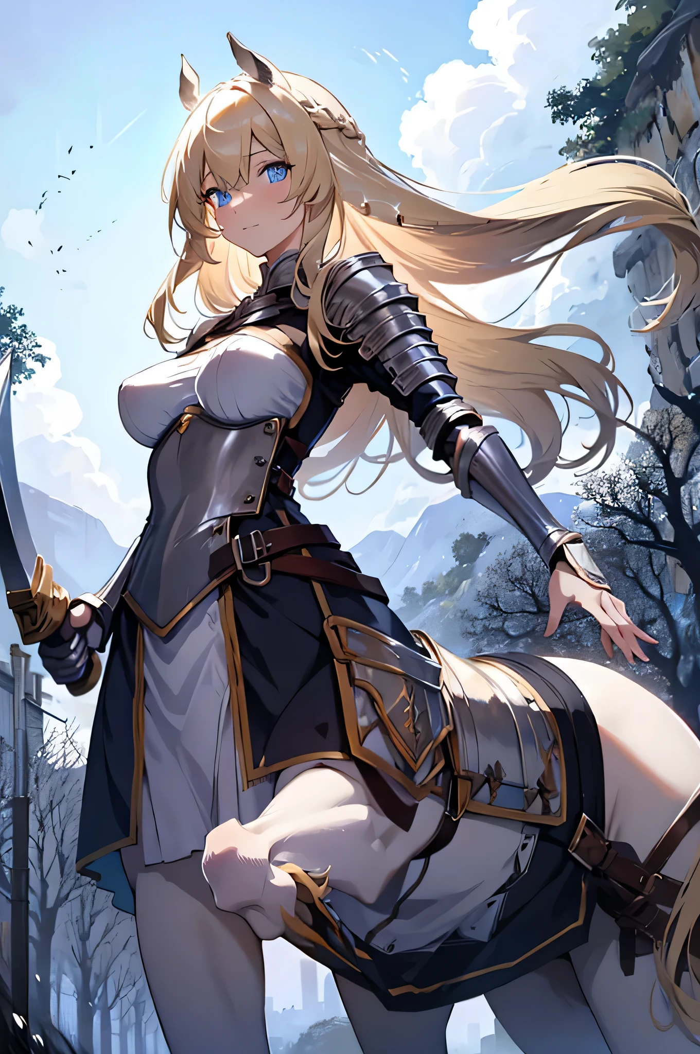 4k,High resolution,one woman,centaur,blonde,long hair,blue eyes,knight,white holy armor,long sword,Plain color