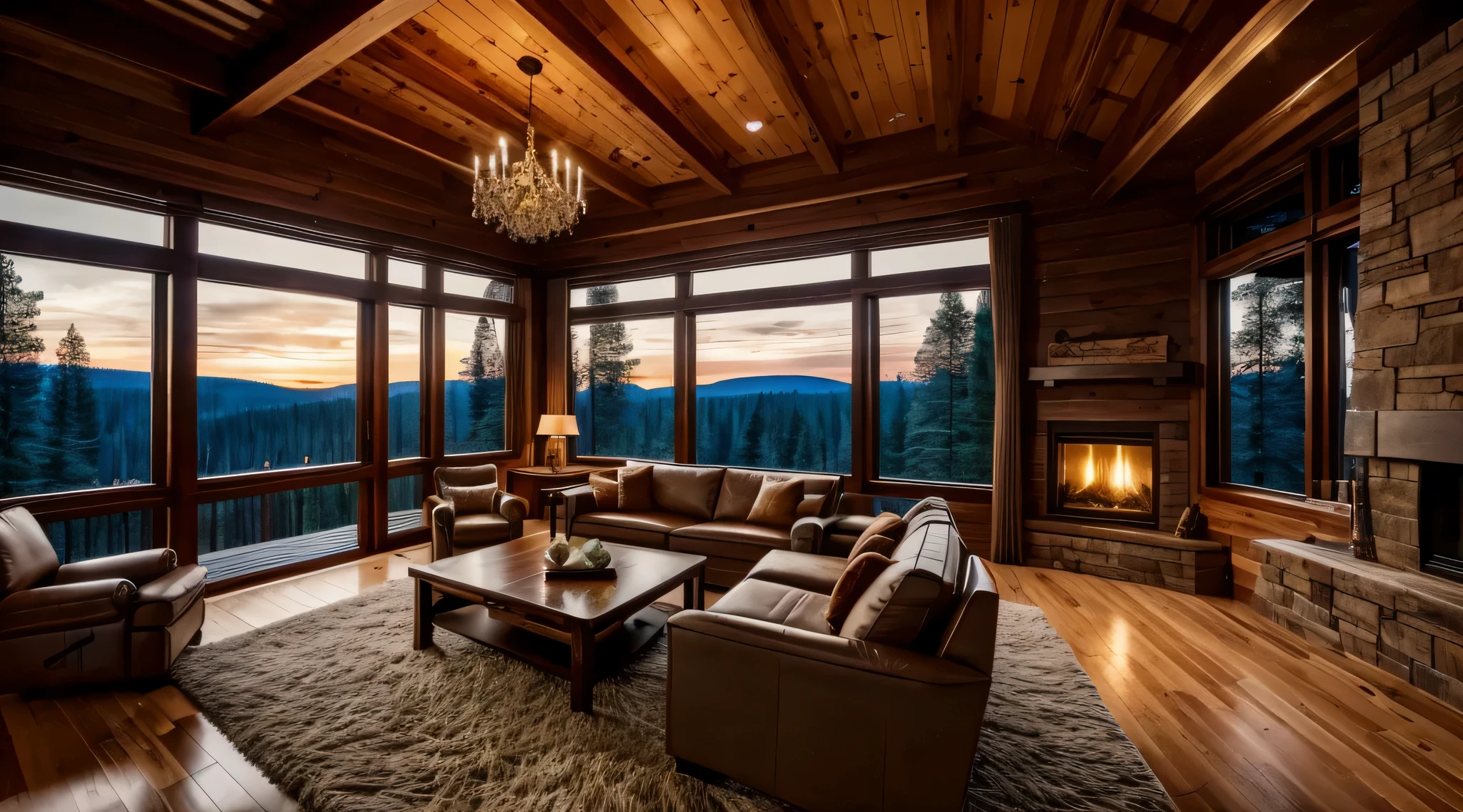 grand, cozy room with large windows overlooking the forest, dans le coin de la pièce il y a une cheminée, high resolution, fine details, the scene from afar, real, 8K, Style moderne, scene at night