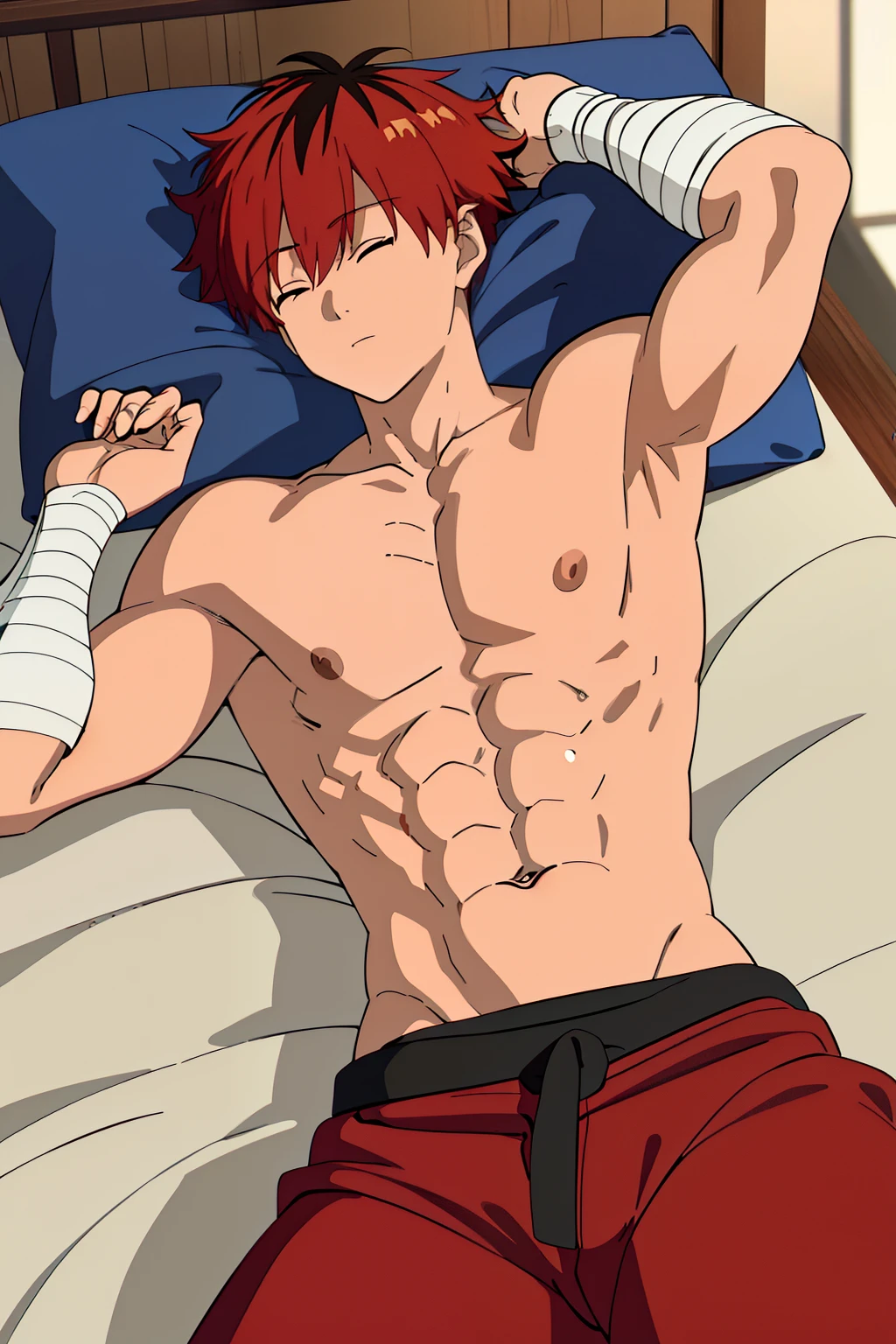 Highres, Masterpiece, Best quality at best,Best Quality,hight quality, hight detailed, anime style, (1 boy)、Men with short hair, (showing his muscle), (shirtless, topless, bare chest), red hair, without cloth, wearing black pants, lying on bed, close eyes, sleeping