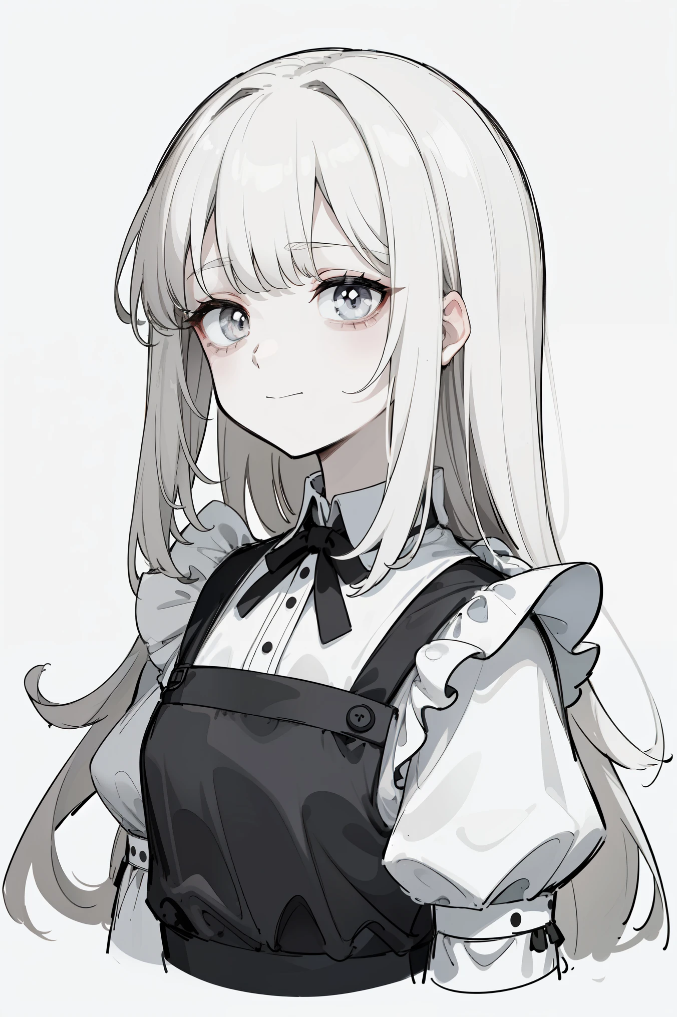 (masterpiece, best quality, ultra high quality, by quan, sketch:1.1), ((portrait)), 1girl, solo, young with long hair white hair, straight hair, blunt bangs, (((pale gray eyes, white pupils))), (tired, bags under eyes:1.2), small breasts, flat chest, neutral, innexpressive, small smile, v-shape smile, curvy smile, :>, white and black dress, maid, white apron, upper body, standing, hands behind back, isometric lightning, white background, simple background