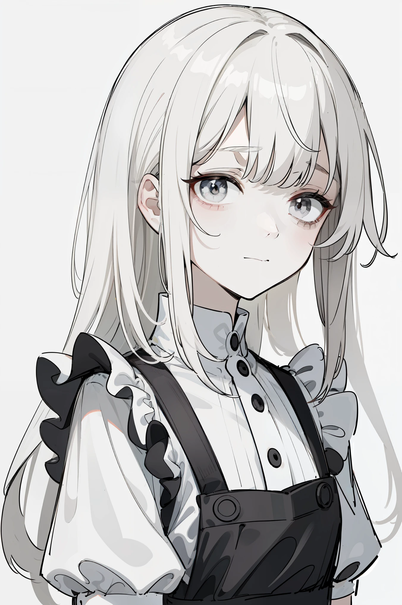 (masterpiece, best quality, ultra high quality, by quan, sketch:1.1), ((portrait)), 1girl, solo, young with long hair white hair, straight hair, blunt bangs, (((pale gray eyes, white pupils))), (tired, bags under eyes:1.2), small breasts, flat chest, neutral, innexpressive, small smile, v-shape smile, curvy smile, :>, white and black dress, maid, white apron, upper body, standing, hands behind back, isometric lightning, white background, simple background