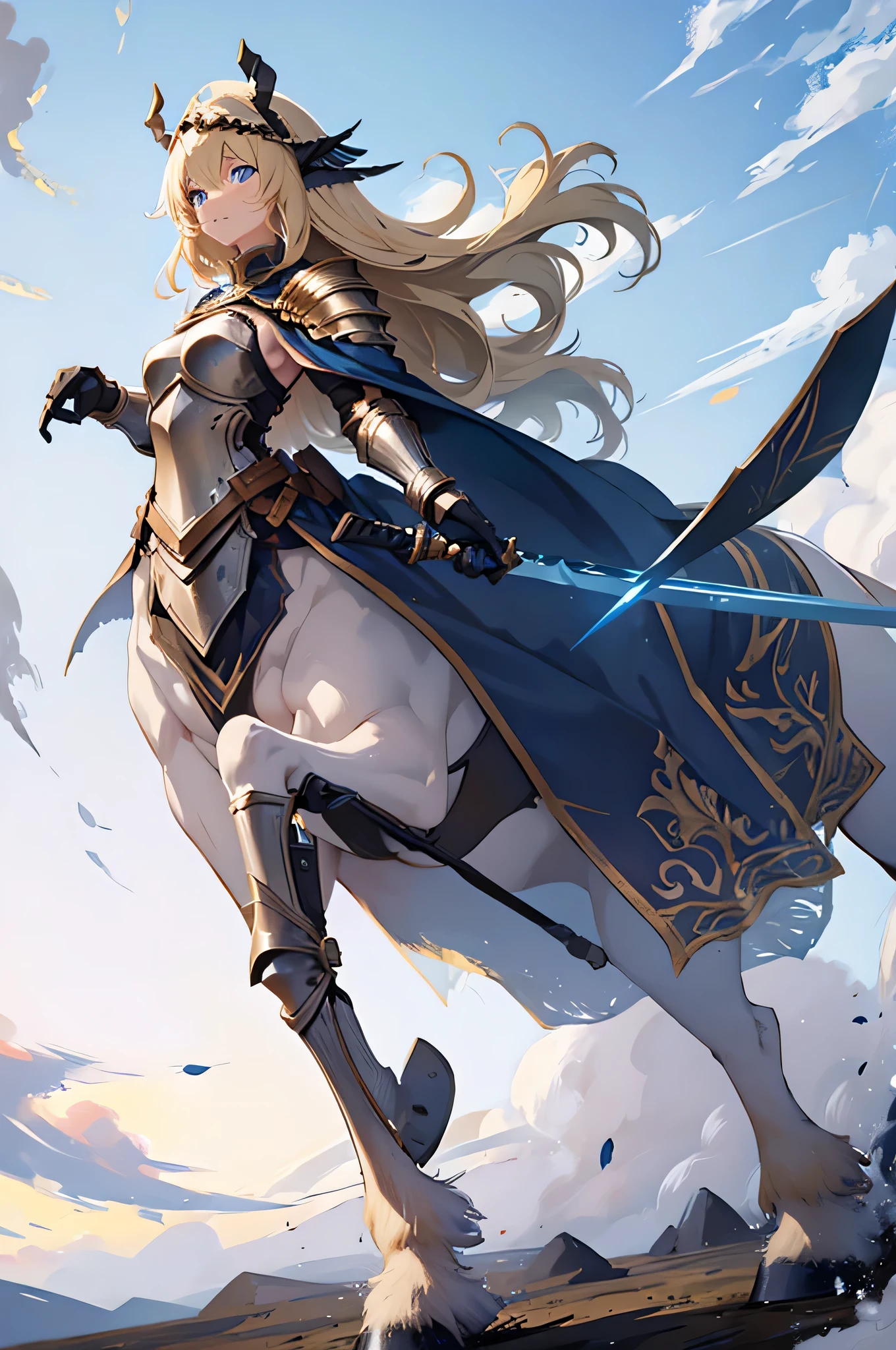 4k,High resolution,one woman,centaur,blonde,long hair,blue eyes,knight,white holy armor,hat with feathers,long sword,Plain color