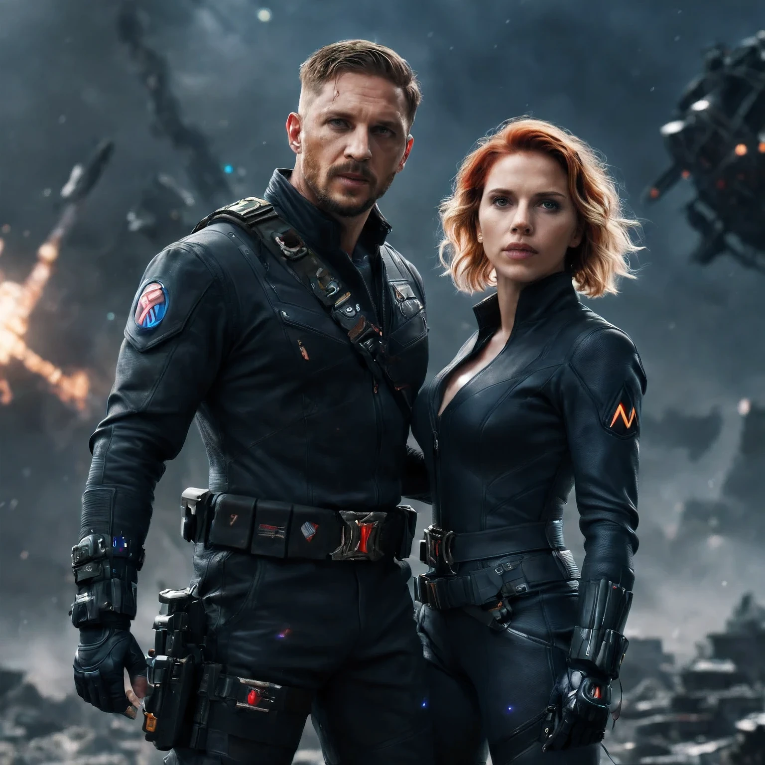 (Realistic photo), (extremely detailed face), (masterpieces), Full shot, (full body), (ohwx), dark sci-fi, action, Tom Hardy and Scarlett Johansson as space pirates, she has short blond hair, imersive background of space, both weraing futuristic space outfit, dynamic action, dark light, neons, space nebula, hdr, RAW photo, depth of field, film grain, bokeh, 8k, full shot