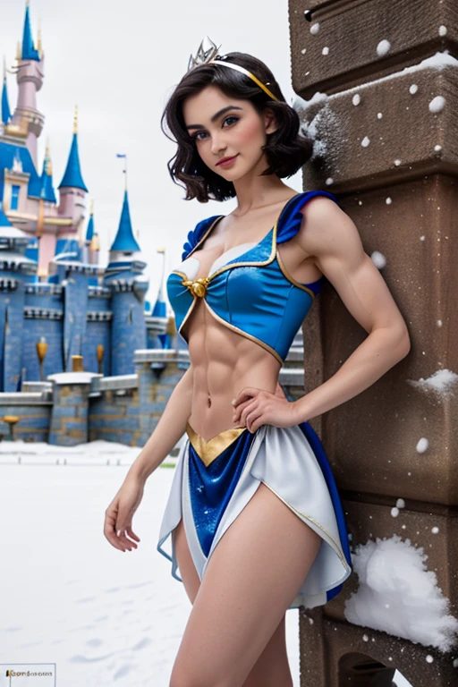 SlightMuscle, most beautiful face on the planet, tall 19yo European woman, (disney princess costume, snow white, dress:1.5), wearing dress, lean defined toned body, (very pale white skin, dark brown hair, huge blue eyes:1.3), (extreme hourglass physique), wide hips, huge perky ass, lean shredded legs, deltoids, wide back, (massive natural breasts, cleavage), tiny waist, long lean torso, eight pack abs, obliques, sly smile, skin texture, award-winning professional photography, 8k, 85mm photo, highly detailed, intricate detail, clear sharp focus, bright, well-lit, bokeh, looking flirtatiously at camera, (standing in medieval castle:1.2)