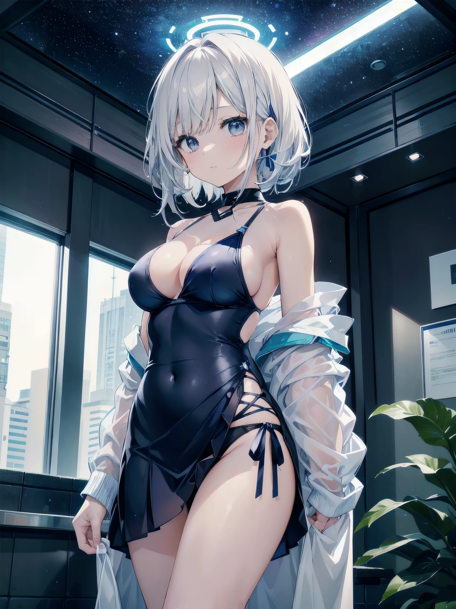 A 27-year-old female office worker enjoys her holiday at the indoor pool.、dark brownの髪色でロングボブヘアーです、Full cup swimsuit top made of navy blue fabric、The swimsuit top is covered with white cloth to hide the lower half of the cleavage.、Navy blue swimsuit panties with ribbons on the sides、A white, transparent cloth is wrapped around the waist to form a skirt so that the panty line is visible.、wrap skirt、The ceiling and walls are made of glass、You can see the night sky outside the glass、It&#39;s late night now、High quality starry sky、high resolution images
