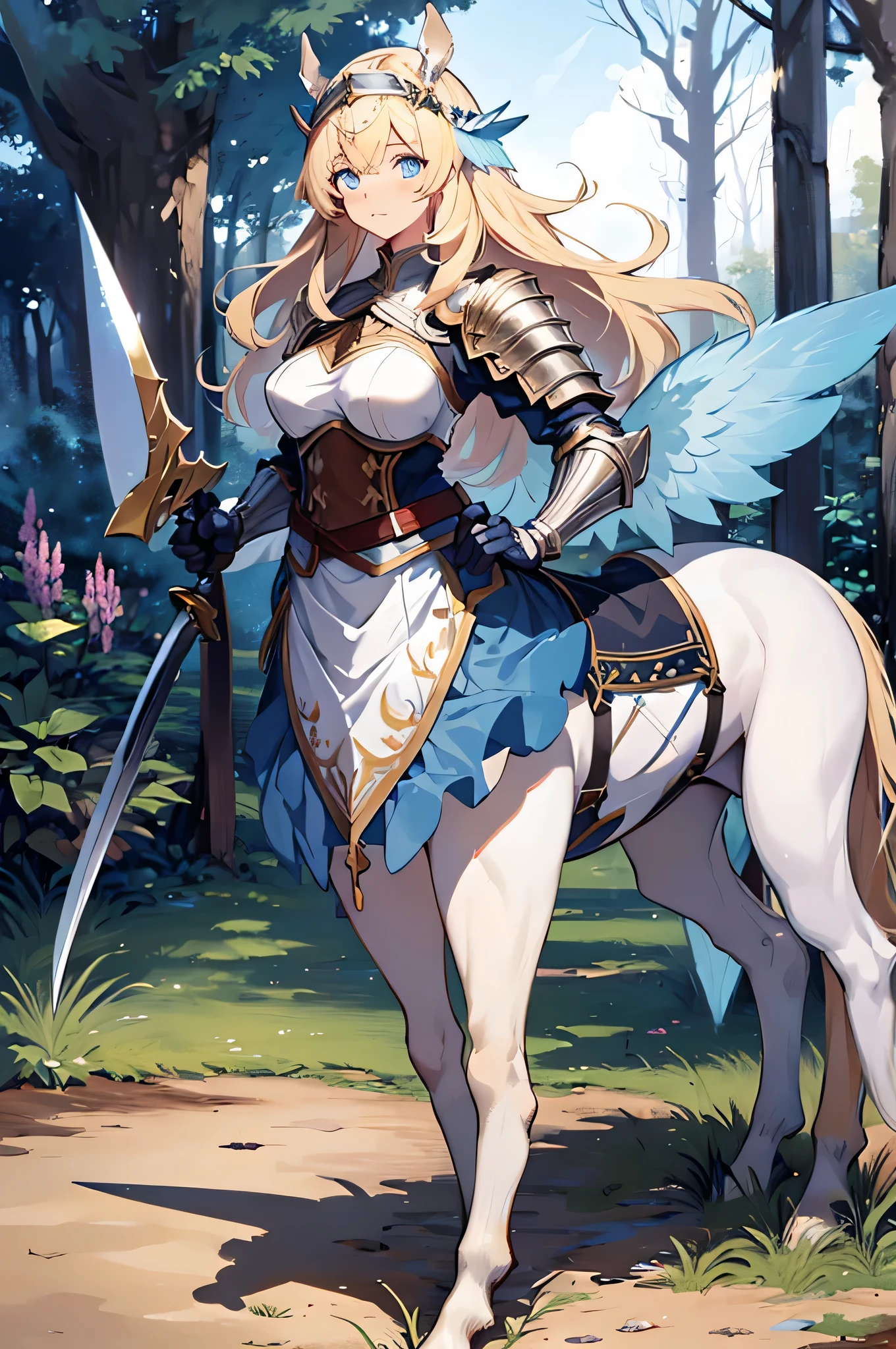 4k,High resolution,one woman,centaur,blonde,long hair,blue eyes,knight,white holy armor,hat with feathers,long sword,Plain color