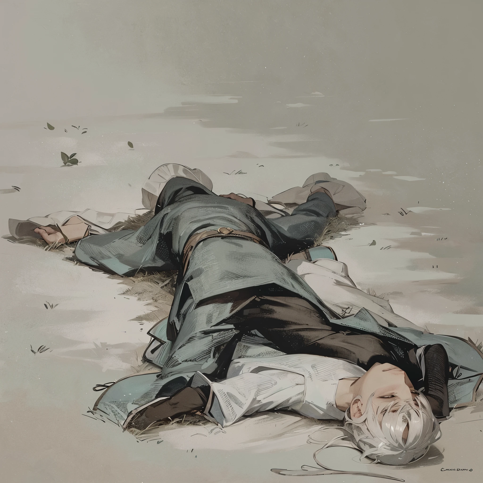 (Masterpiece, Ultra Hd), (Detailed), (Novel Illustrasion) A handsome man with white hair cries blood while embracing a woman with black curly hair who is no longer there who is lying down, Battlefield, a desperate man, a ruined place, burning buildings, chaos everywhere. Noble Clothes.