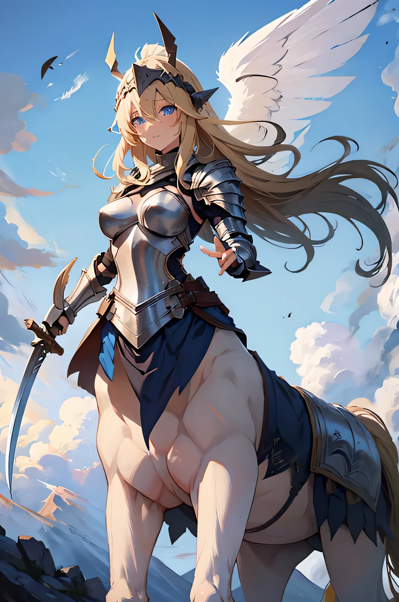 4k,High resolution,one woman,centaur,blonde,long hair,blue eyes,knight,white holy armor,hat with feathers,long sword,Plain color