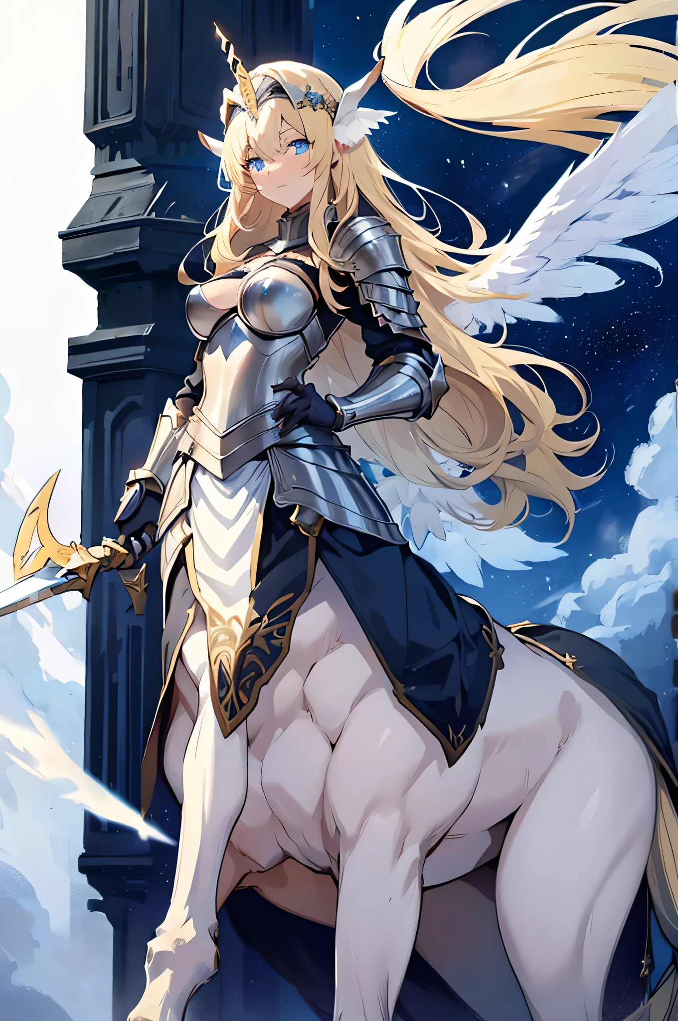 4k,High resolution,one woman,centaur,blonde,long hair,blue eyes,knight,white holy armor,hat with feathers,long sword,Plain color