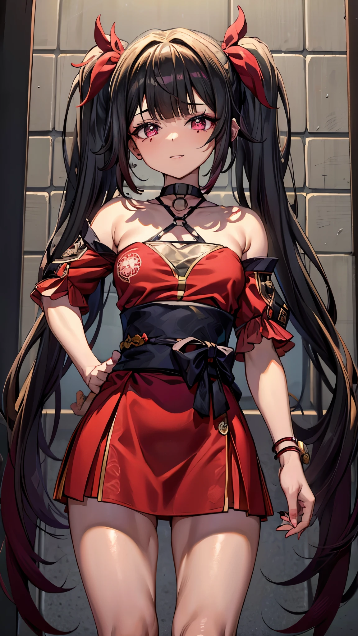 tipo: Arte Digital
Estilo: Cor estilo anime: Predominantemente vermelho com contrastes em preto e branco,
Cor dos olhos: vermelho carmesim brilhante, com destaques luminosos.
Cor do cabelo Preto com mechas vermelhas,
Penteado: Longo com twintails, adornado com enfeites tradicionais de cabelo vermelho e dourado, mischievous and playful smile with a touch of mischief))), sadist, pernas musculosas, (((cena de praia))), Standing, (foto de corpo inteiro), unhas bem cuidadas, unhas vermelhas, {{{Usando um biquini muito curto e sexy}}}