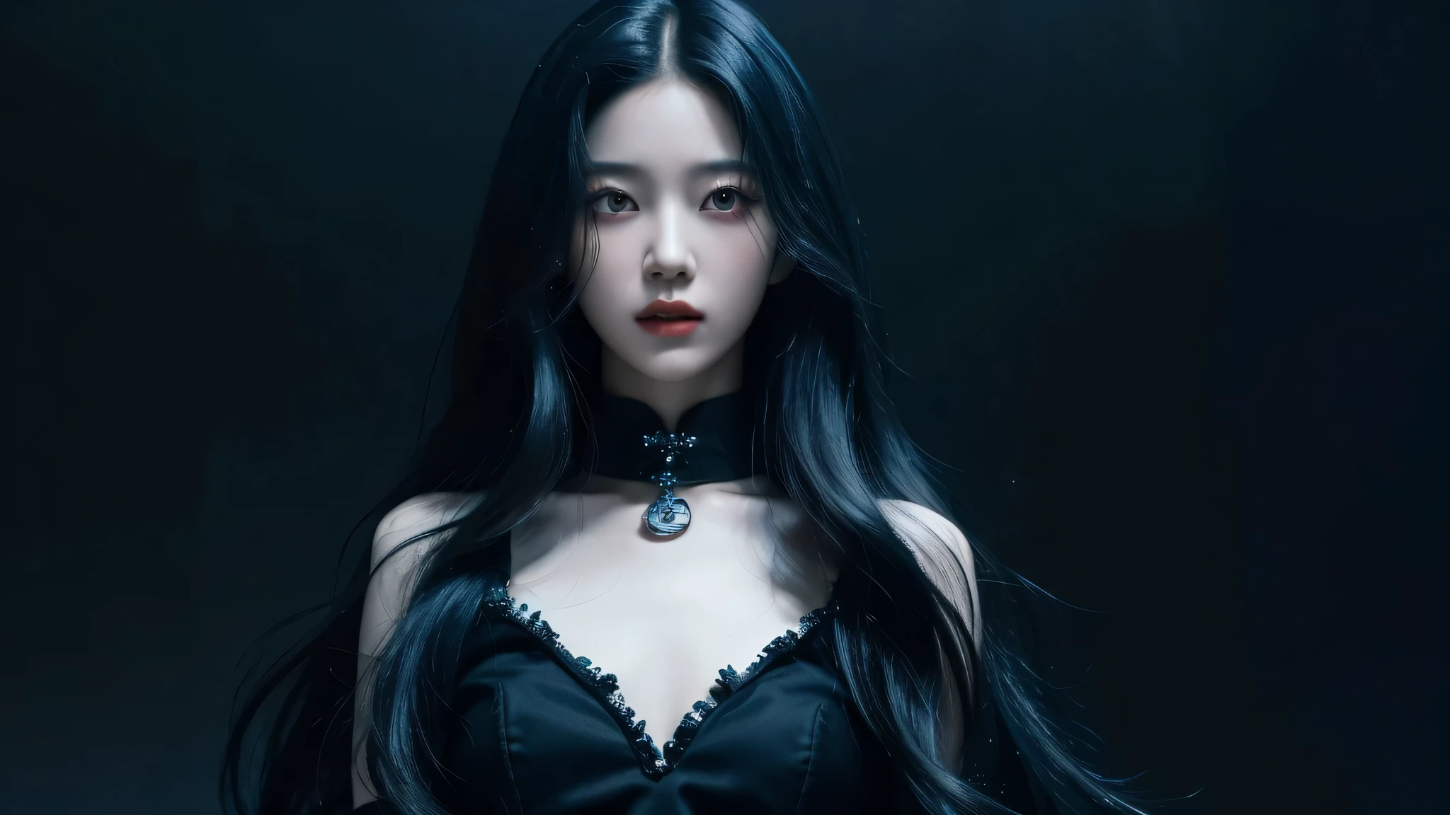 (best quality, highres:1.2), realistic, black dress, black hair, dark theme, black background, intense gaze, elegant posture, flowing dress, detailed facial features, long eyelashes, pale skin, Jisoo Kim, contrast, fine details, dramatic atmosphere, gothic style, intense emotions, monochrome color palette, captivating setting, haunting beauty, artistic photography, everything is black
