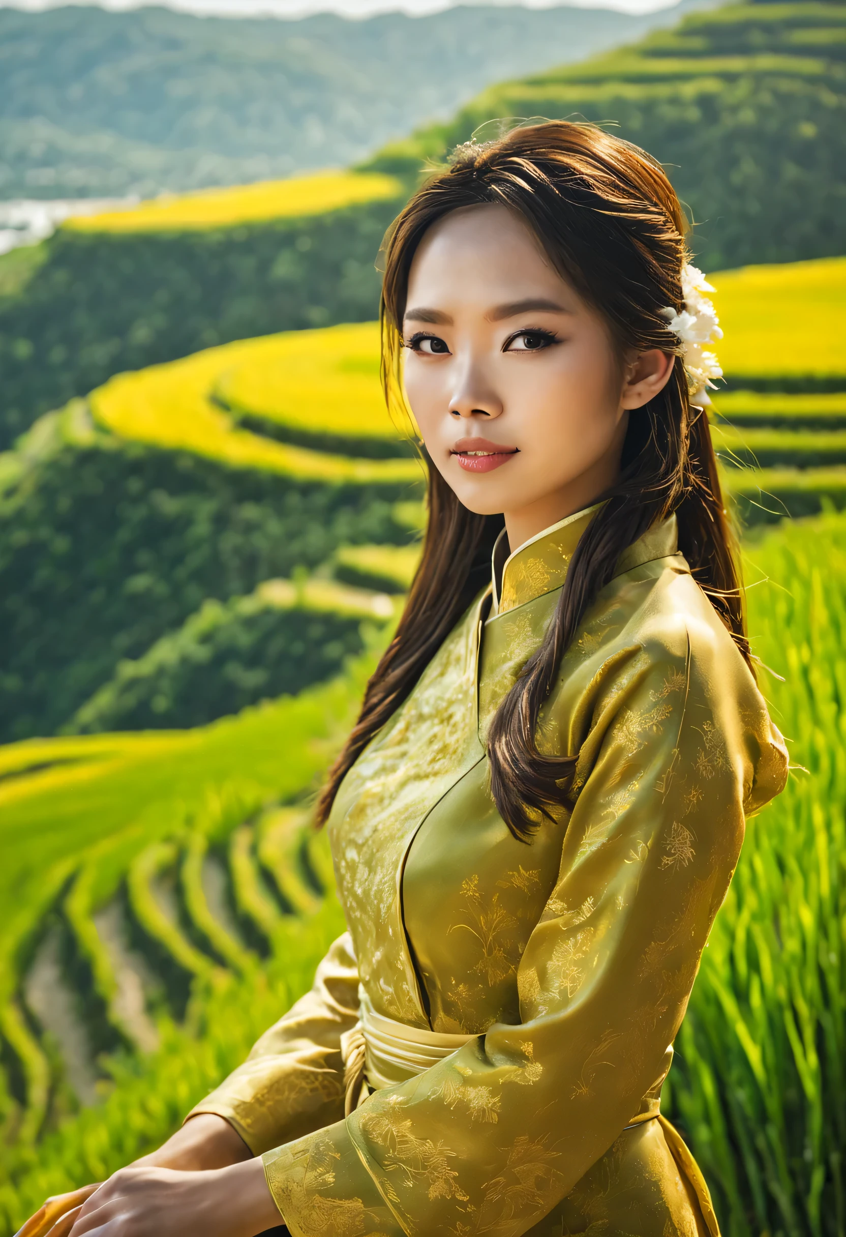 masterpiece, high quality, high resolution, raw photo, 8k, beautiful Vietnamese girl wearing AoDai. Tiered rice fields on a slope facing the sea, beautiful image, near the sea, (overlooking rice fields:1.2), terraced fields, young rice shining in the strong sunlight,  looking down from a terrace, sea in the background,  