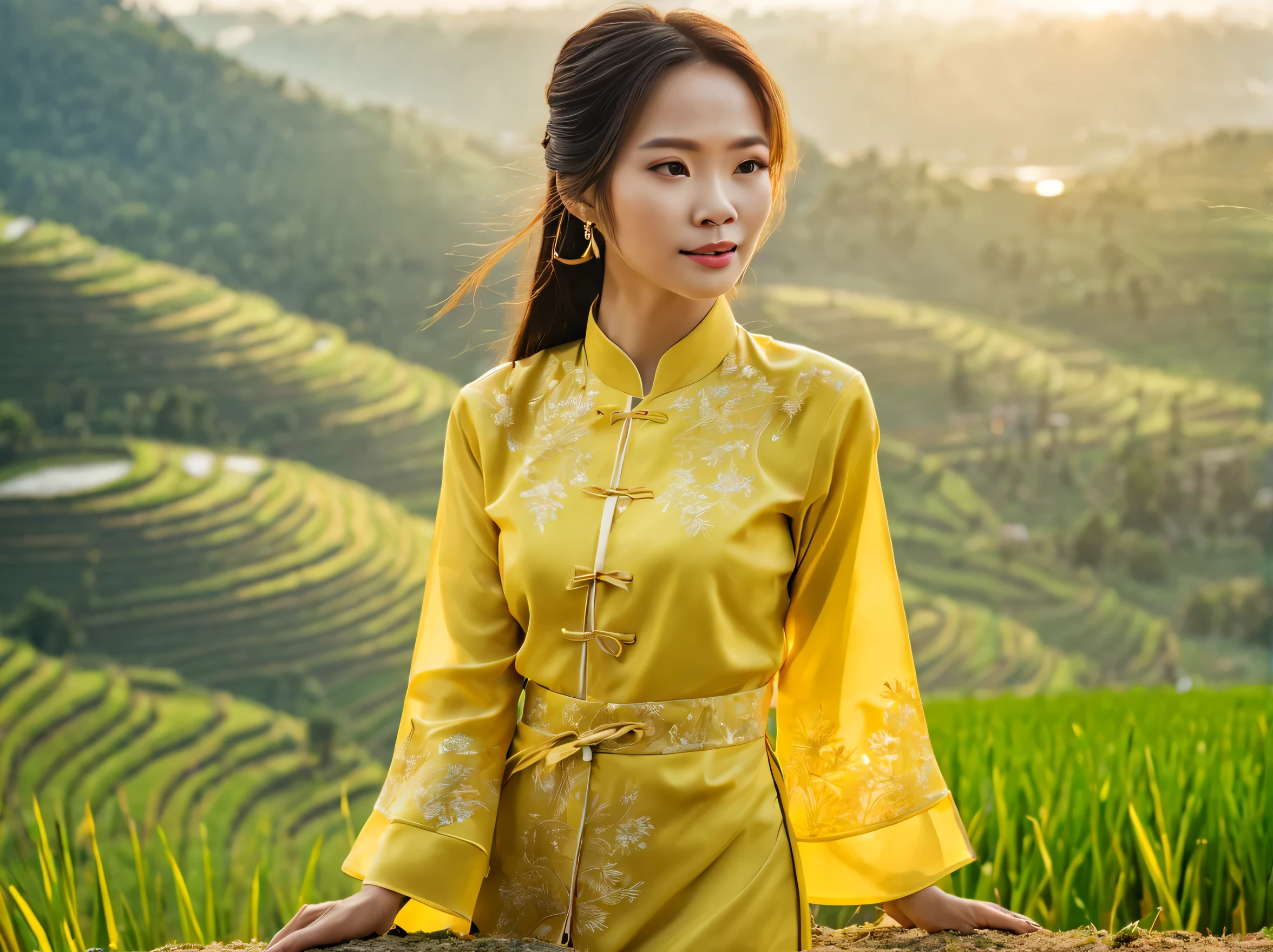 masterpiece, high quality, high resolution, raw photo, 8k, beautiful Vietnamese girl wearing AoDai. Tiered rice fields on a slope facing the sea, beautiful image, near the sea, (overlooking rice fields:1.2), terraced fields, young rice shining in the strong sunlight, looking down from a terrace, sea in the background,