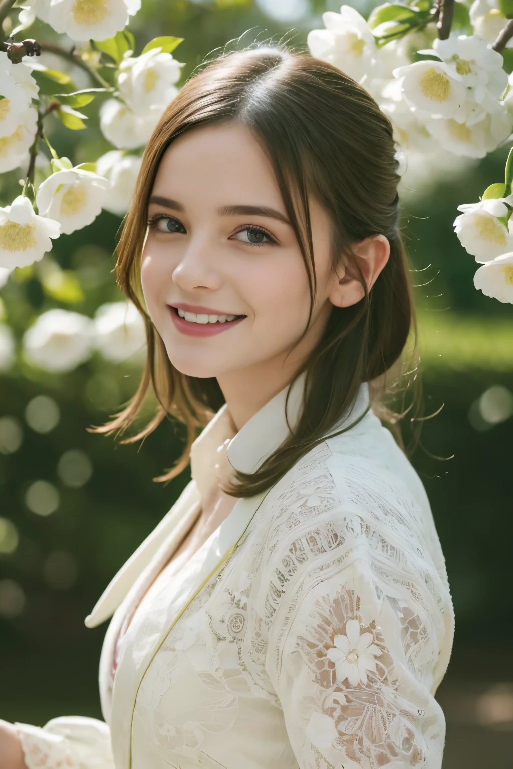 Masterpiece, Best quality, 8k, 18 ans, Photo brute, absurdes, Award-winning portrait, sourire, sourire, pure, french, elegant vibrant green suit, spring, orchard in bloom, laces, famous singer, cute
