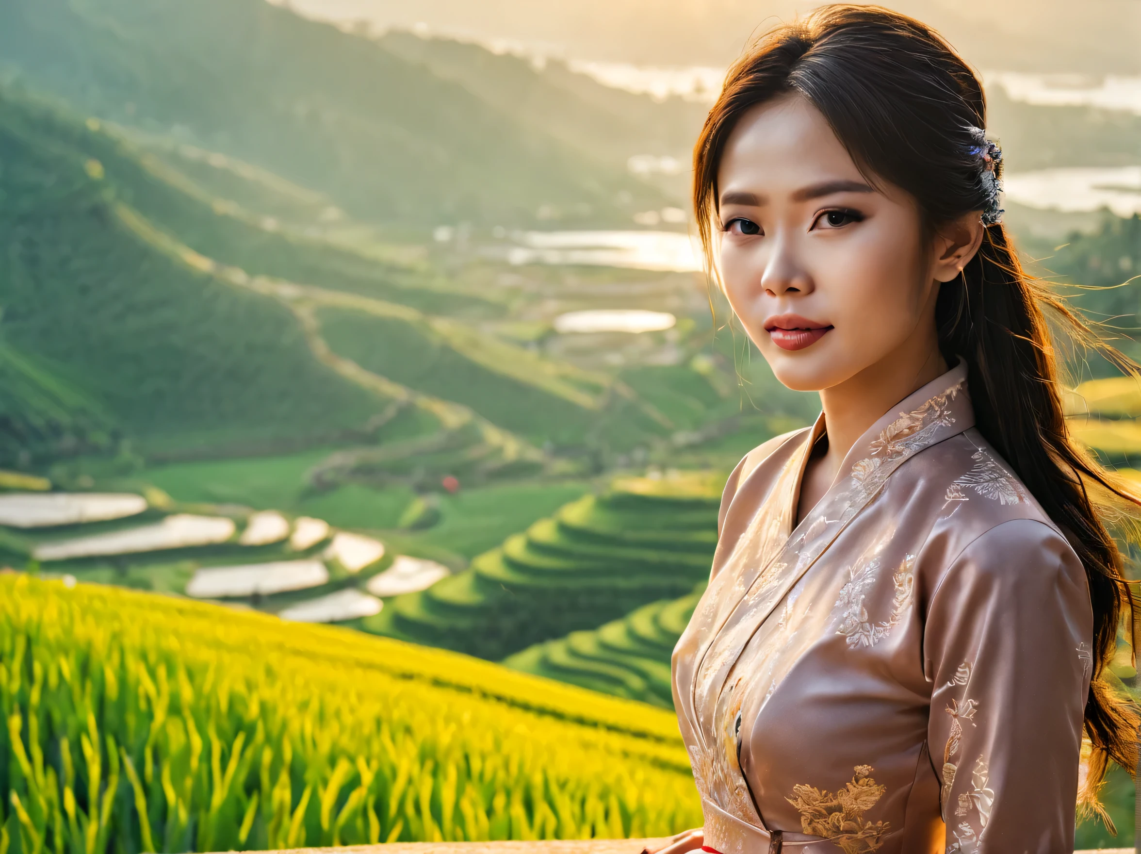 masterpiece, high quality, high resolution, raw photo, 8k, beautiful Vietnamese girl wearing AoDai. Tiered rice fields on a slope facing the sea, beautiful image, near the sea, (overlooking rice fields:1.2), terraced fields, young rice shining in the strong sunlight, looking down from a terrace, sea in the background,
