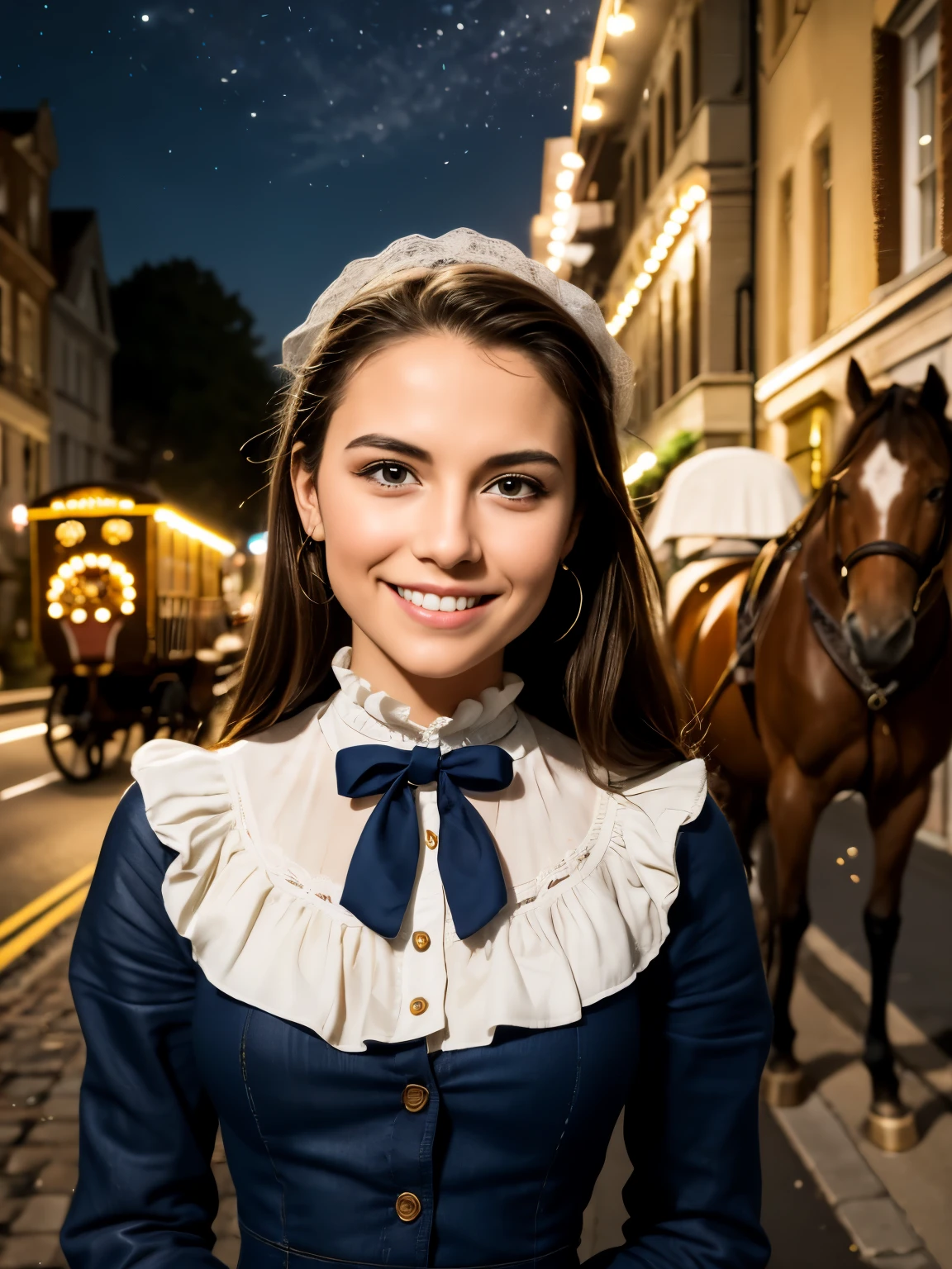 (masterpiece), best quality, expressive eyes, perfect face,a girl smiles towards the camera in a wonderful sunny day. her smile is cheerful but contained and reserved, Victorian era posing in front of a period building, night, street lights, people along the road, horse-drawn carriages, romantic atmosphere, sky with various nocturnal colors and stars.​