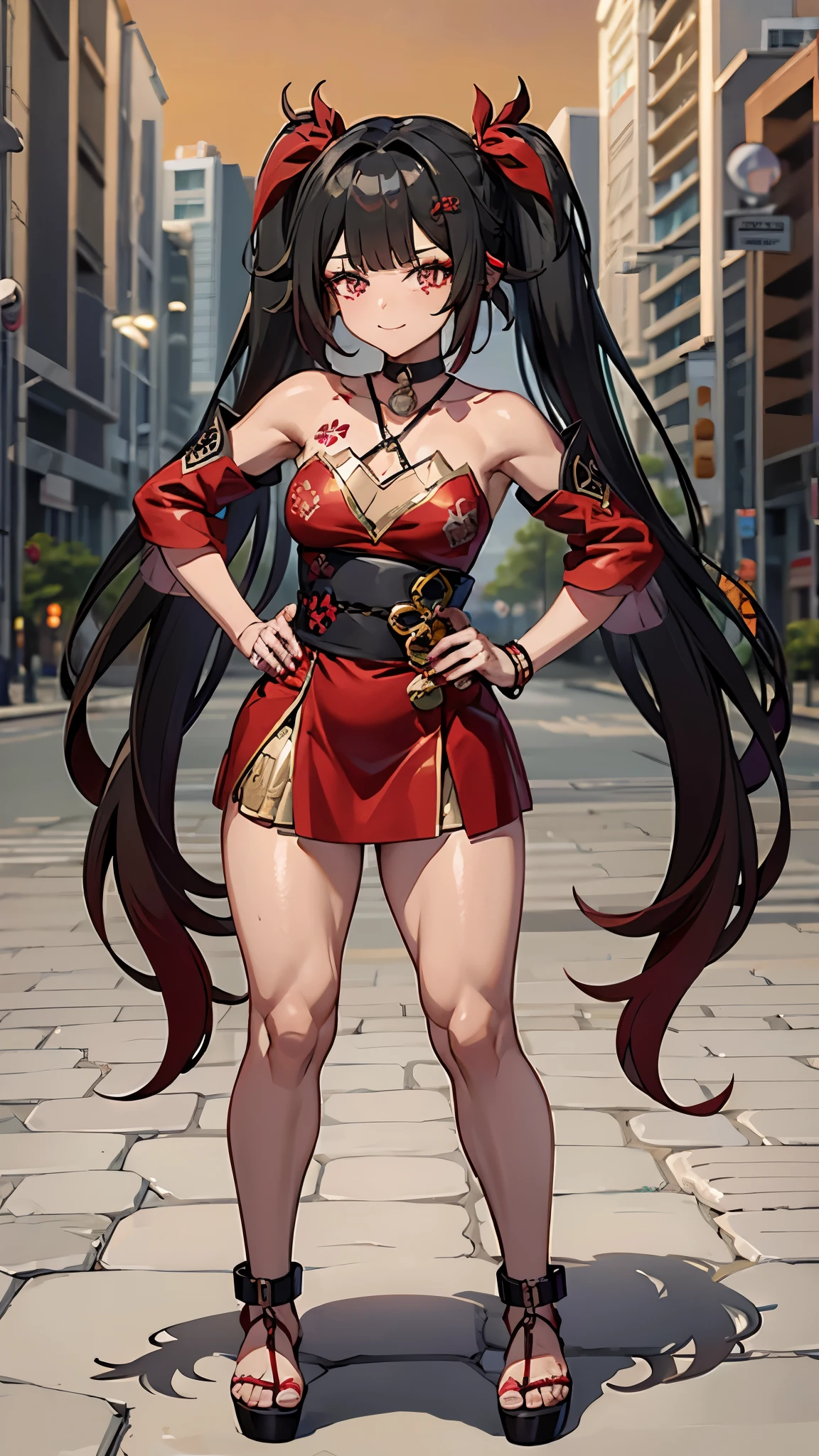 type: Digital Art
Style: Anime style Color: Predominantly red with black and white contrasts,
Eye color: bright crimson red, with luminous highlights.
Hair color Black with red highlights,
Hairstyle: Long with twintails, adorned with traditional red and gold hair ornaments, mischievous and playful smile with a touch of mischief))), sadistic, muscular legs, (((beach scene))), Standing, (photo by full body), well-groomed nails, red nails, {{{Wearing a very short and sexy bikini}}}