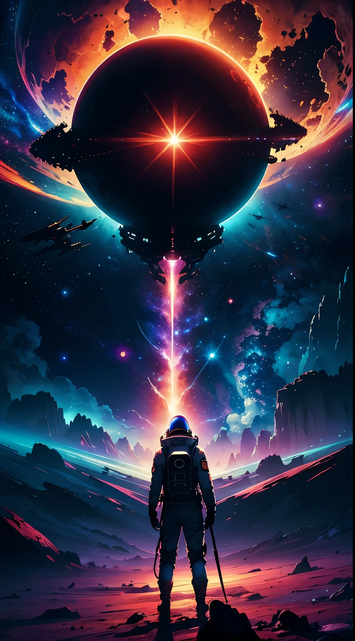 cosmic horror, hypercinematic artwork of a astronaut on a strange planet, dramatic colors, berautiful lighting, extreme shading, epic, breathtaking, rays of light, misteryous, badass, cosmic, stardust wind, a strange landscape, depth, great composition,surreal sky