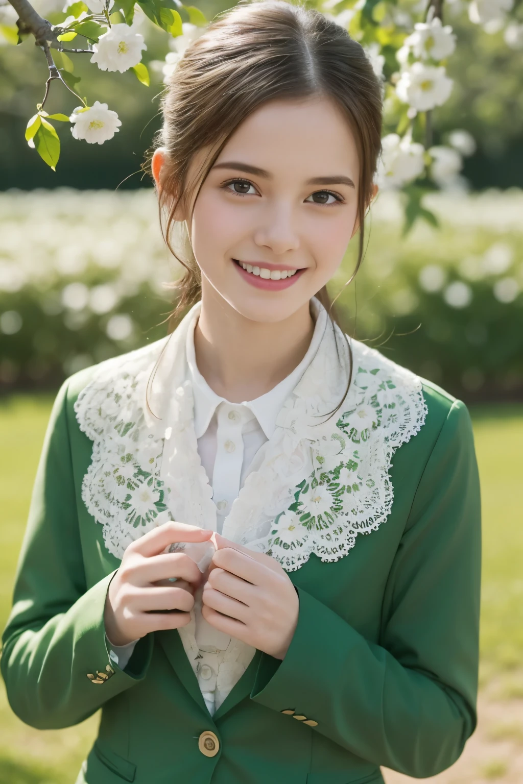 Masterpiece, Best quality, 8k, 18 ans, Photo brute, absurdes, Award-winning portrait, sourire, sourire, pure, french, elegant vibrant green suit, spring, orchard in bloom, laces, famous singer, cute