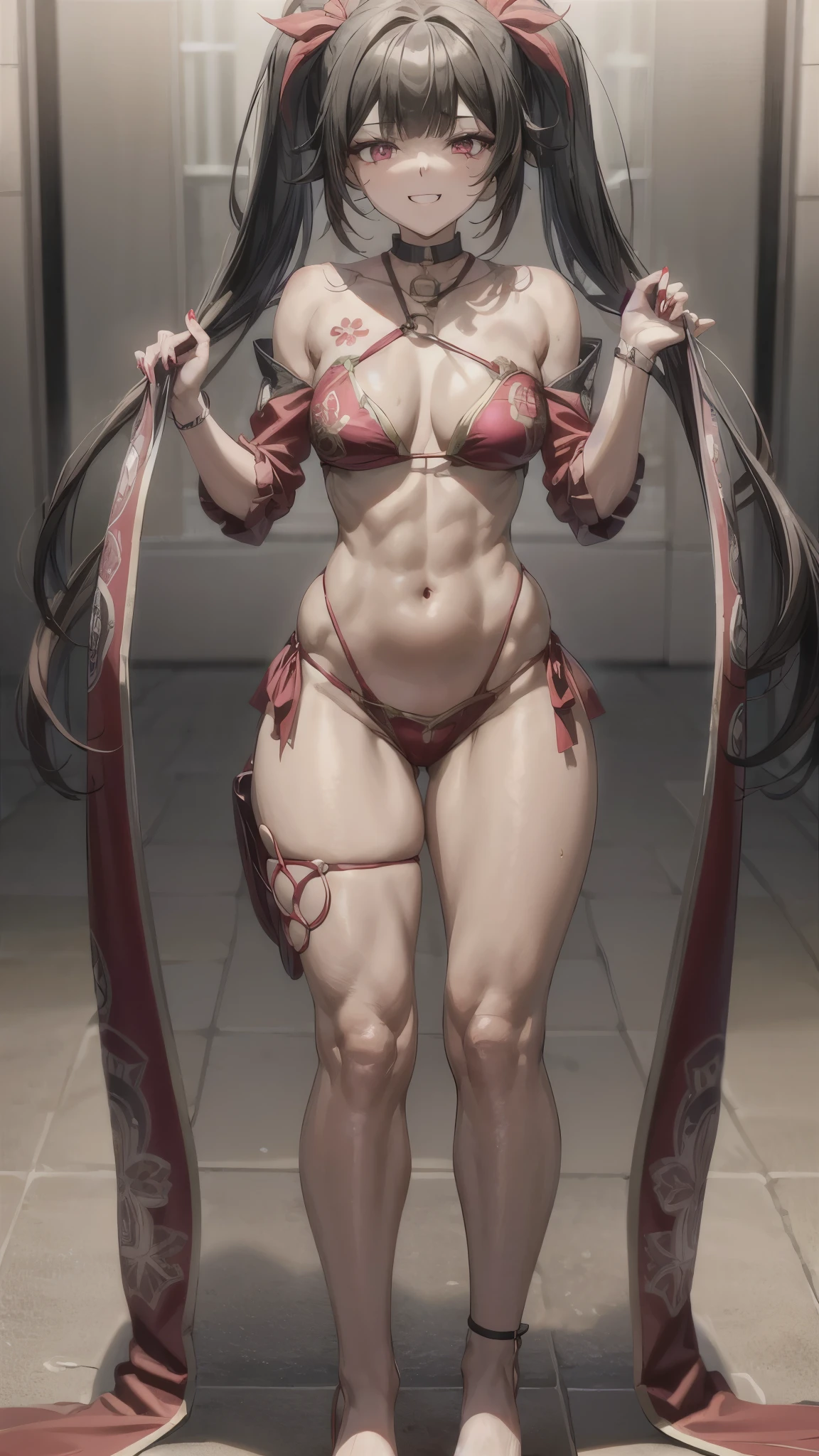 type: Digital Art
Style: Anime style Color: Predominantly red with black and white contrasts,
Eye color: bright crimson red, with luminous highlights.
Hair color Black with red highlights,
Hairstyle: Long with twintails, adorned with traditional red and gold hair ornaments, mischievous and playful smile with a touch of mischief))), sadistic, muscular legs, (((beach scene))), Standing, (photo by full body), well-groomed nails, red nails, {{{Wearing a very short and sexy bikini}}}
