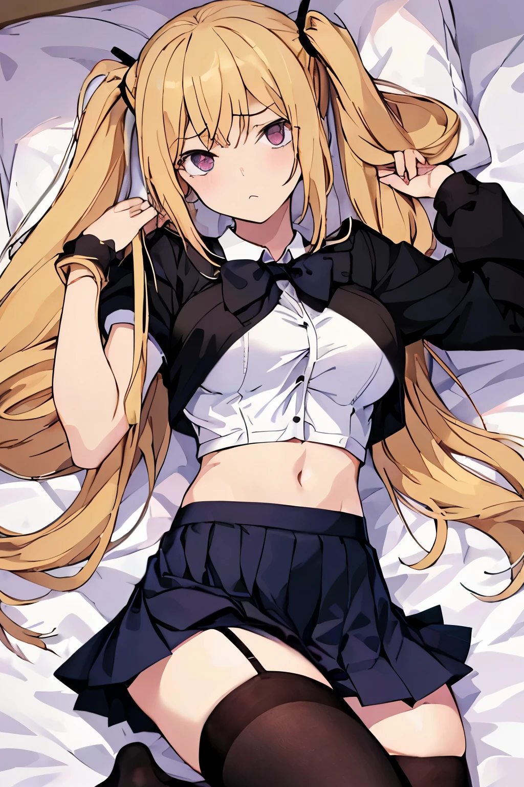 muste piece, best quality, 1 girl,blonde, (black eye:1.2),((on the bed))、(((Panty stocking)))、((embarrassed expression))、((Mi Hai Sand))、((Photo from below))、(((school uniform)))、((long hair))、((big breastini skirt))、(twin tails)、