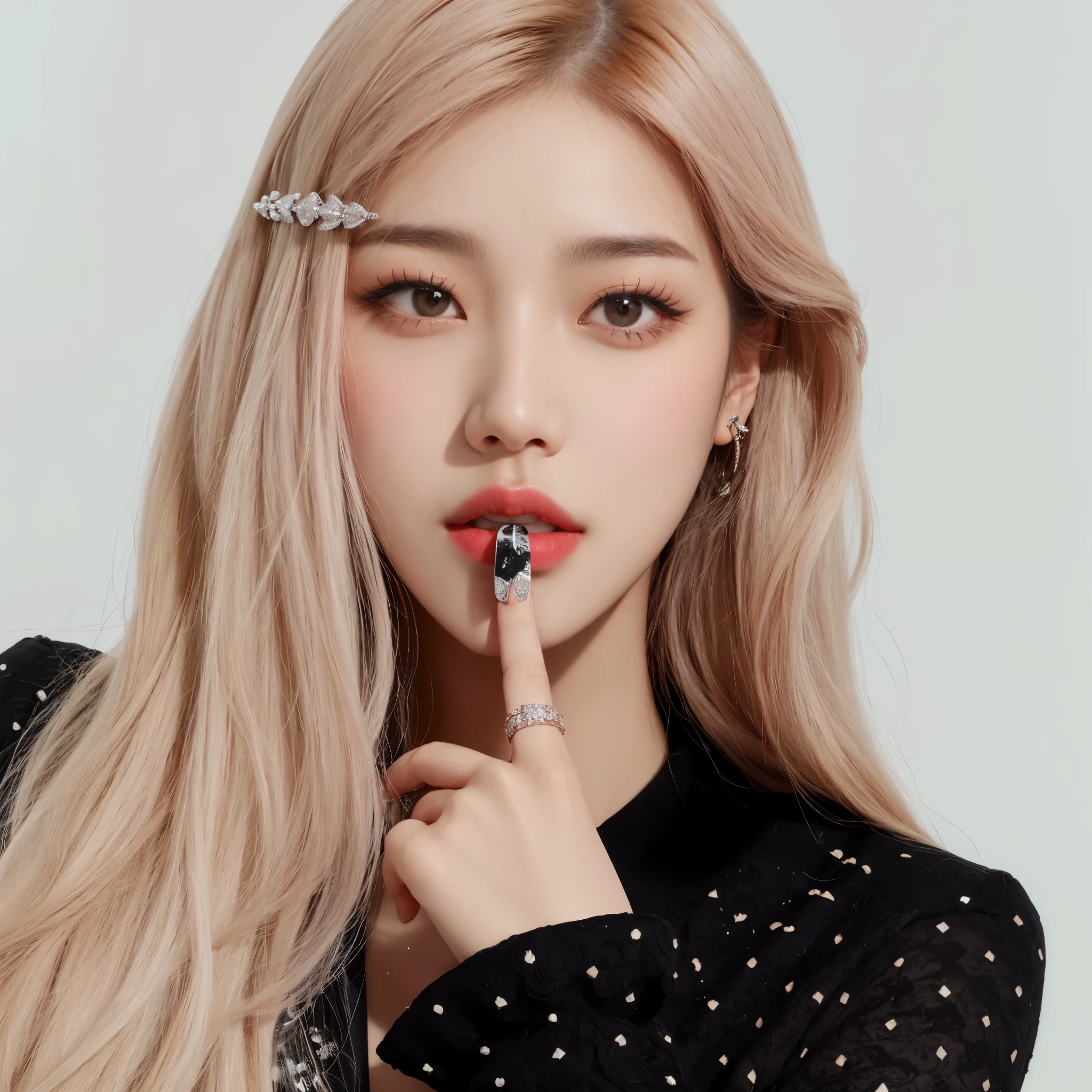 un primer plano de una persona con un dedo en el labio, roseanne park of rosa negro, jossi of rosa negro, portrait of jossi of rosa negro, lalisa manoban of rosa negro, portrait jisoo rosa negro, Lalisa Manobal, jisoo of rosa negro, rosa negro, jisoo from rosa negro, Kpop idol portrait, portrait of female korean idol, korean idol, sun yunjoo