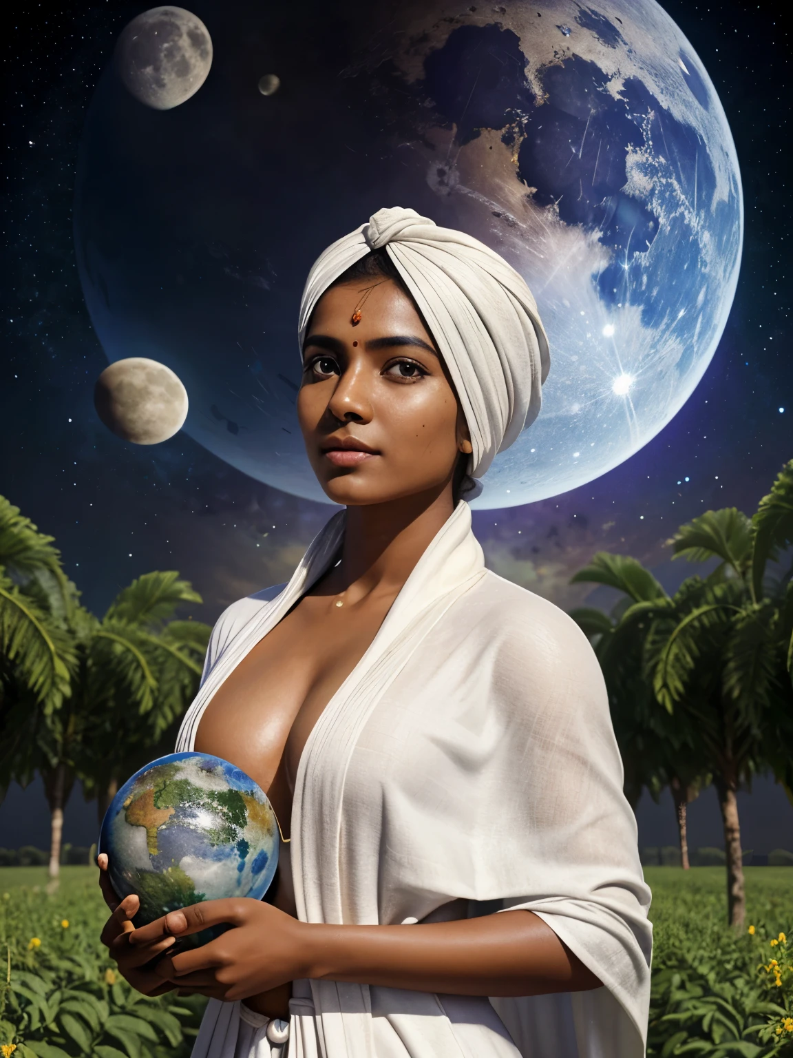 Cyborg planet, organic farming, Tamil girl, extremely beautiful face, carrying a plough, wearing a white robe around, blue turban, 2 moons, multicolour sky, intricate detailing of the place, meticulous background details, maximize objects, HDR, hyper realistic, yocto-pixel detailing, yotta-pixel image