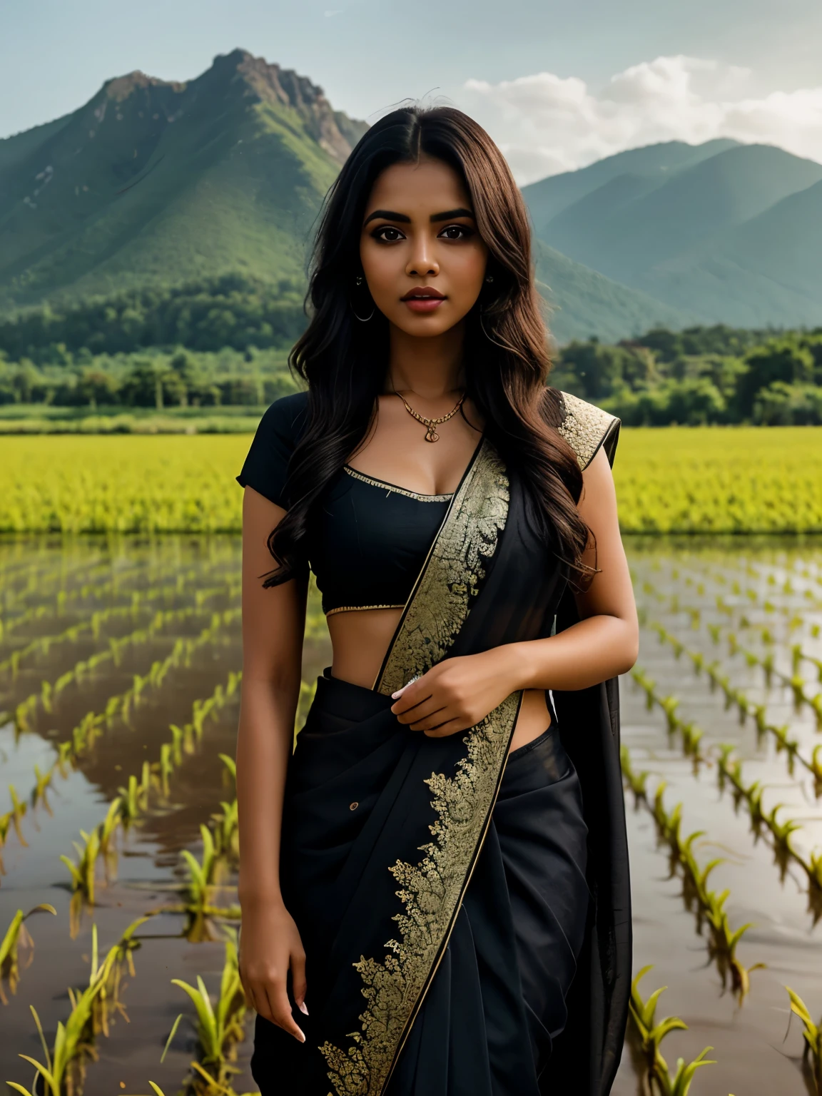 extremely beautiful black Tamil girl, beautiful detailing of face, black long hair, big eyes, glossy lips, red shaded half saree dress, 36D, slender legs, standing in paddy field with mountain, intricate detailing of the place, meticulous background details, maximize objects, HDR, hyper realistic, yocto-pixel detailing, yotta-pixel image
