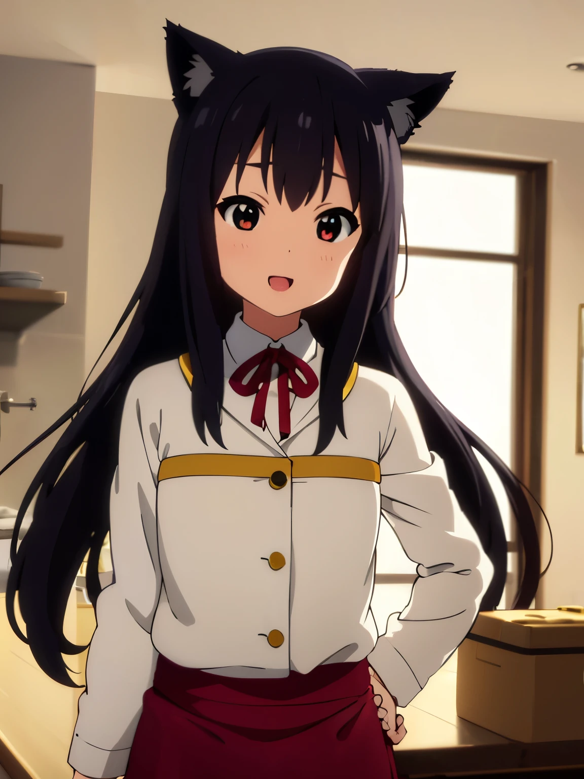 (best quality, masterpiece:1.2), 1girl, (((masterpiece))), top-quality, top-quality, High Details, nakano azusa, 1girl, Cafe waiter uniform, black cat ear, (((black cat ear))), Twin-tailed, length hair, A dark-haired, brown-eyed, solo, reddish, thin red ribbon, Solid white buttoned shirt under blazer, illustratio, comic strip, soothing tones, Subdued Color, Soft cinematic light, adobe lightroom, photolab, HDR, intricately and hyper-detailed、(((depth of fieldasterpiece)))。(((top-quality))).)((ultra-detailliert)))。(((illustratio)))。(((takeout))).dynamic focus.big breasts.(((kitchen))).(((A home))).(((Face of Smile))). open mouth.(((put hands on the hip))).(((up chest))).((morning glow)).((the setting sun)), solo, anime, anime screencap, ray tracing, global illumination, ultra resolution image, vivid color, cinematic light, lens flare, light on face, glow eyes, depth of field, happy, detailed background, cute, straight-on, dive dress, navel,