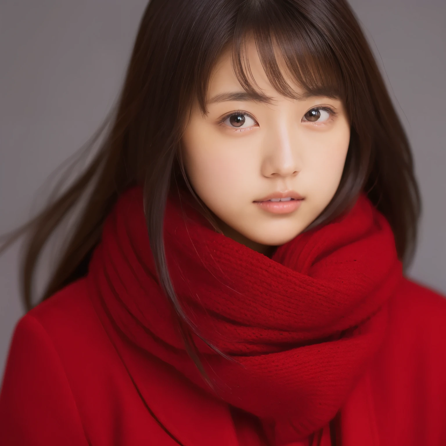 There is a woman in a red coat and a red scarf, Shin Jin Young, Choi Hong Hwa, sung by janice, Shahi, That's a cute Korean face, Nam Jae Young, Chiho, face photo profile picture, sun yunjoo, Ulzzang, Lee Ji Eun, Lee Ji Eun, she has a cute face