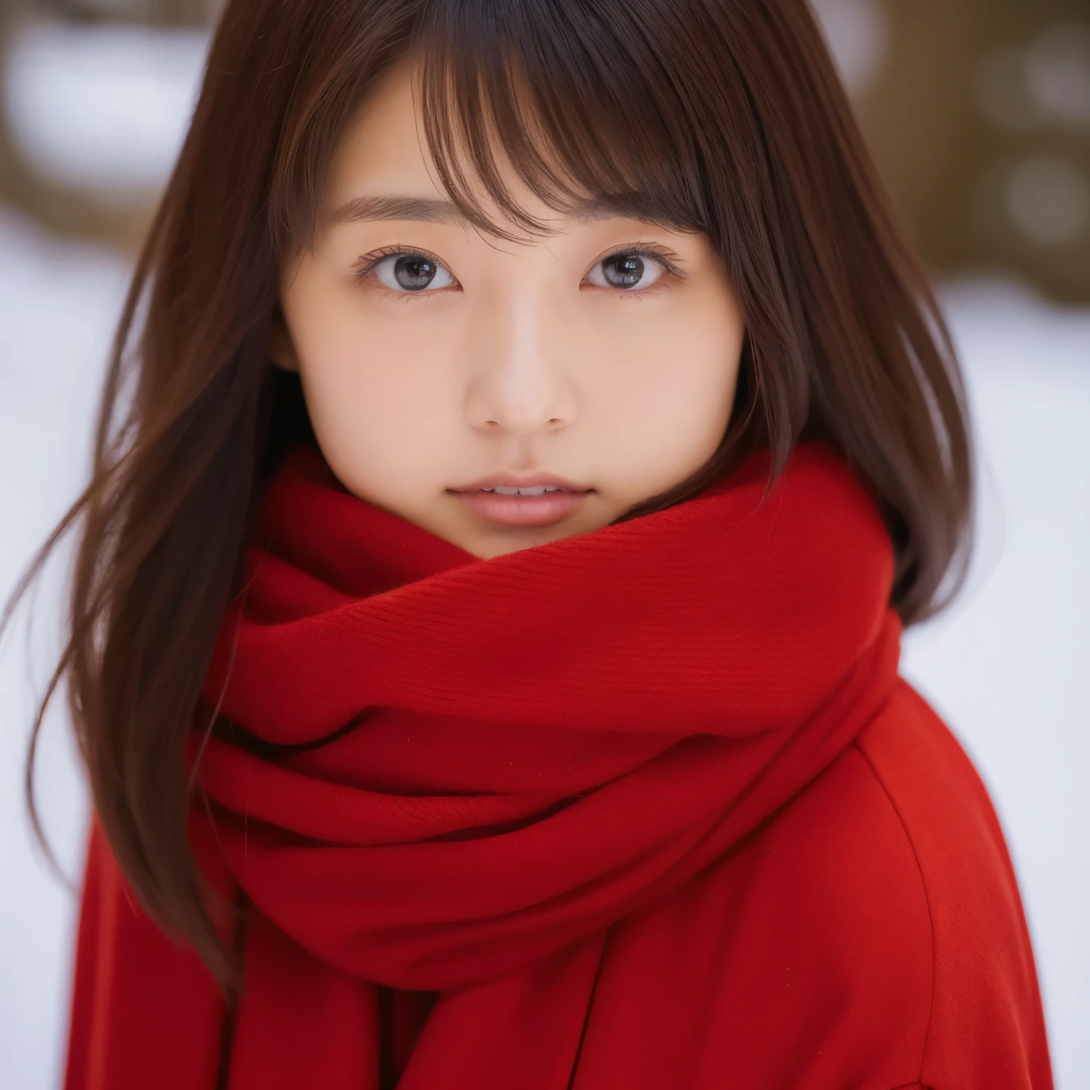 There is a woman in a red coat and a red scarf, Shin Jin Young, Choi Hong Hwa, sung by janice, Shahi, That's a cute Korean face, Nam Jae Young, Chiho, face photo profile picture, sun yunjoo, Ulzzang, Lee Ji Eun, Lee Ji Eun, she has a cute face