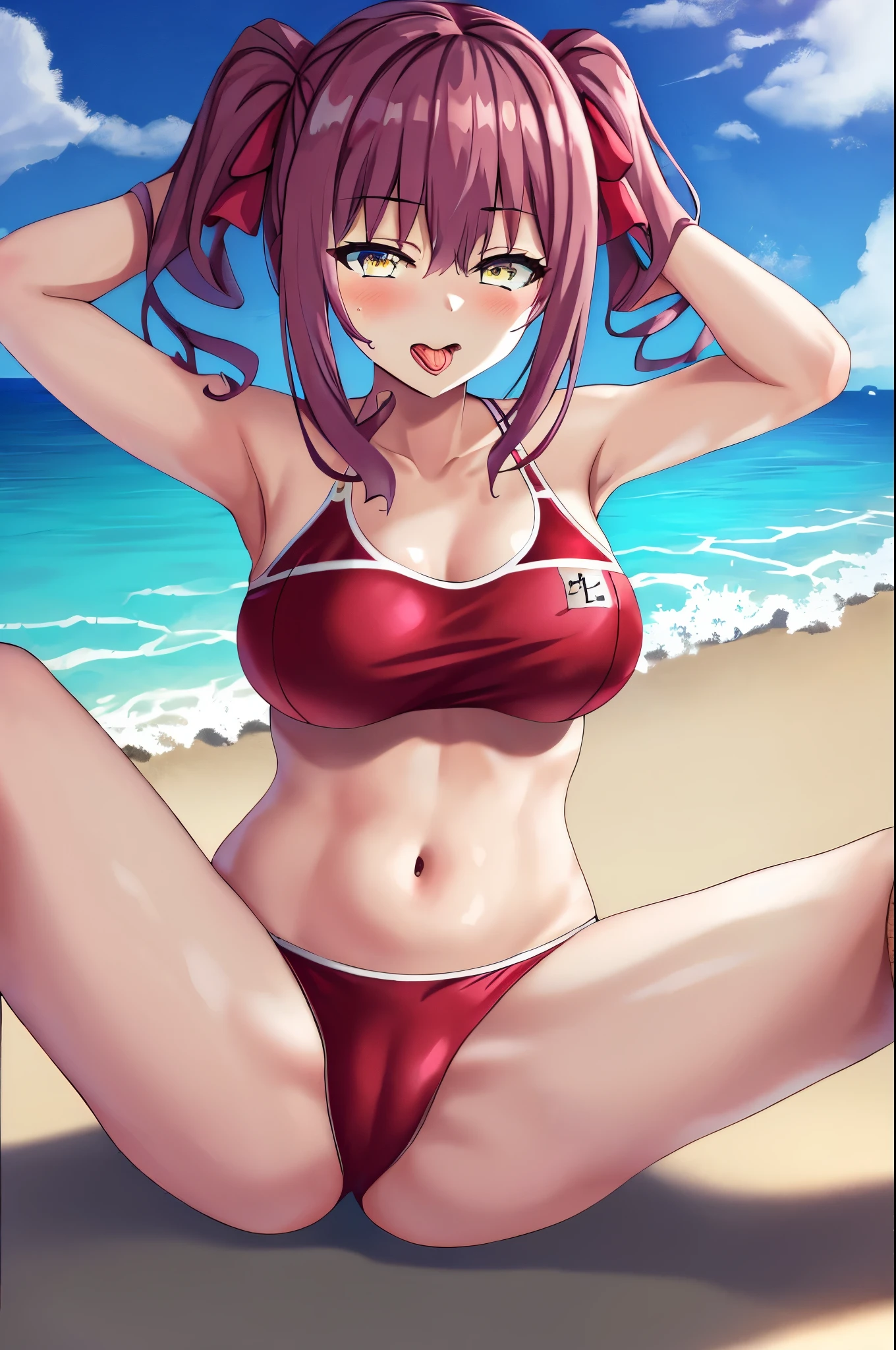 masterpiece, best quality, highres, 1girl, amasawa ichika, solo, 1girl, swimsuit, red_one-piece_swimsuit, she wear only swimsuit, navel, purple_hair, yellow eyes, outdoors, tongue, armpits, tongue_out, beach, big breasts, red slingshot_swimsuit, medium_hair twintail, blush, areola_slip, day, sitting, wet, ocean, ahegao, sky, thighs, water, blue_eyes, arms_up, open_mouth, spread_legs, blue_sky, bangs, red one-piece_swimsuit, cloud, arms_behind_head, collarbone