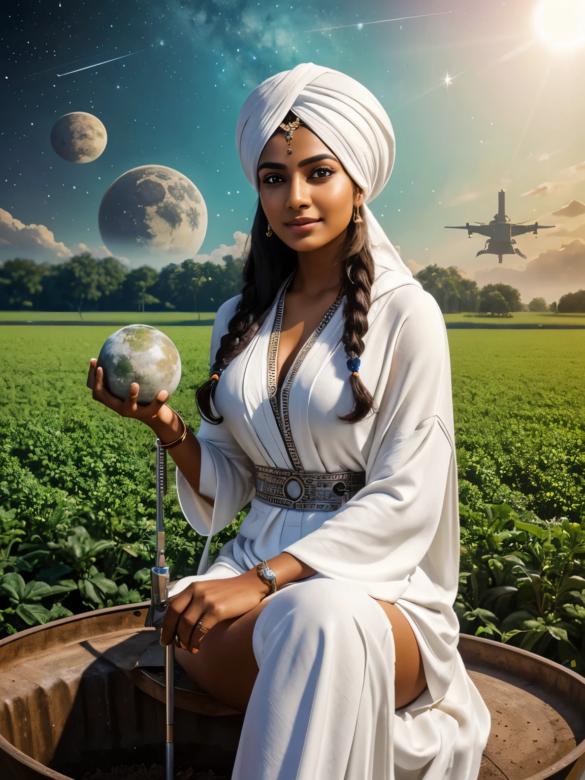 Cyborg planet, organic farming inside a heavy metal container, extremely beautiful Tamil girl, intricate detailing of extremely beautiful face, sitting on futuristic ploughing machine, smirking:0.8, wearing a white robe around, blue turban, 2 moons, multicolor sky, intricate detailing of the place, meticulous background details, maximize objects, HDR, hyper realistic, yocto-pixel detailing, yotta-pixel image 