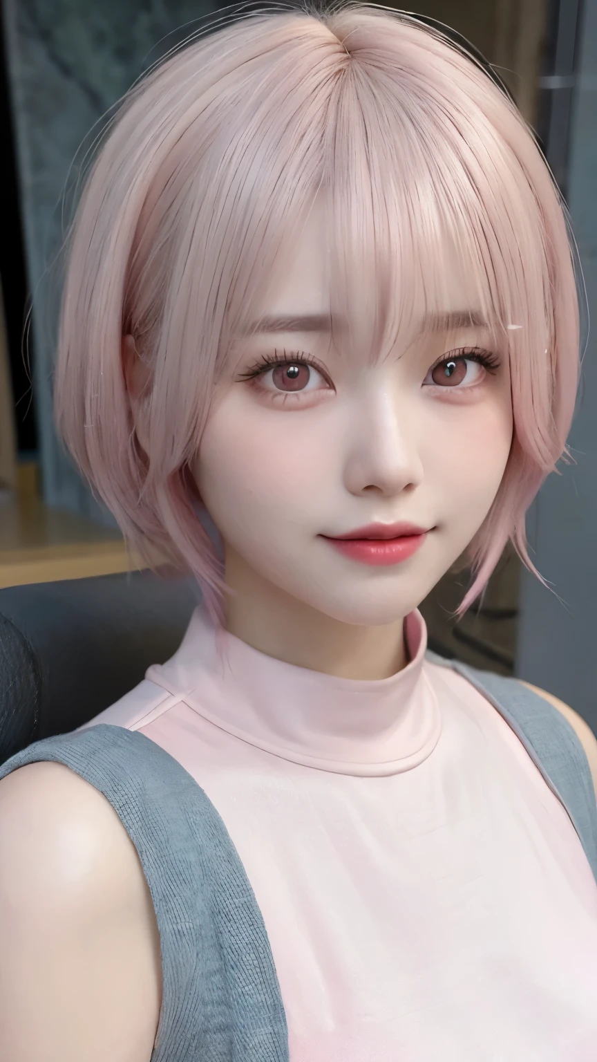 Photo of a girl during an amazing portrait session, Shot in 8K, Top quality and 3D Cinema Light Ultra High Definition for ultimate immersion. The setting is Hong Kong in the 1990s., Medium shot showing every detail of her.hairstyle,medium straight hair,bob,((pink hair color:1.4)),smile,