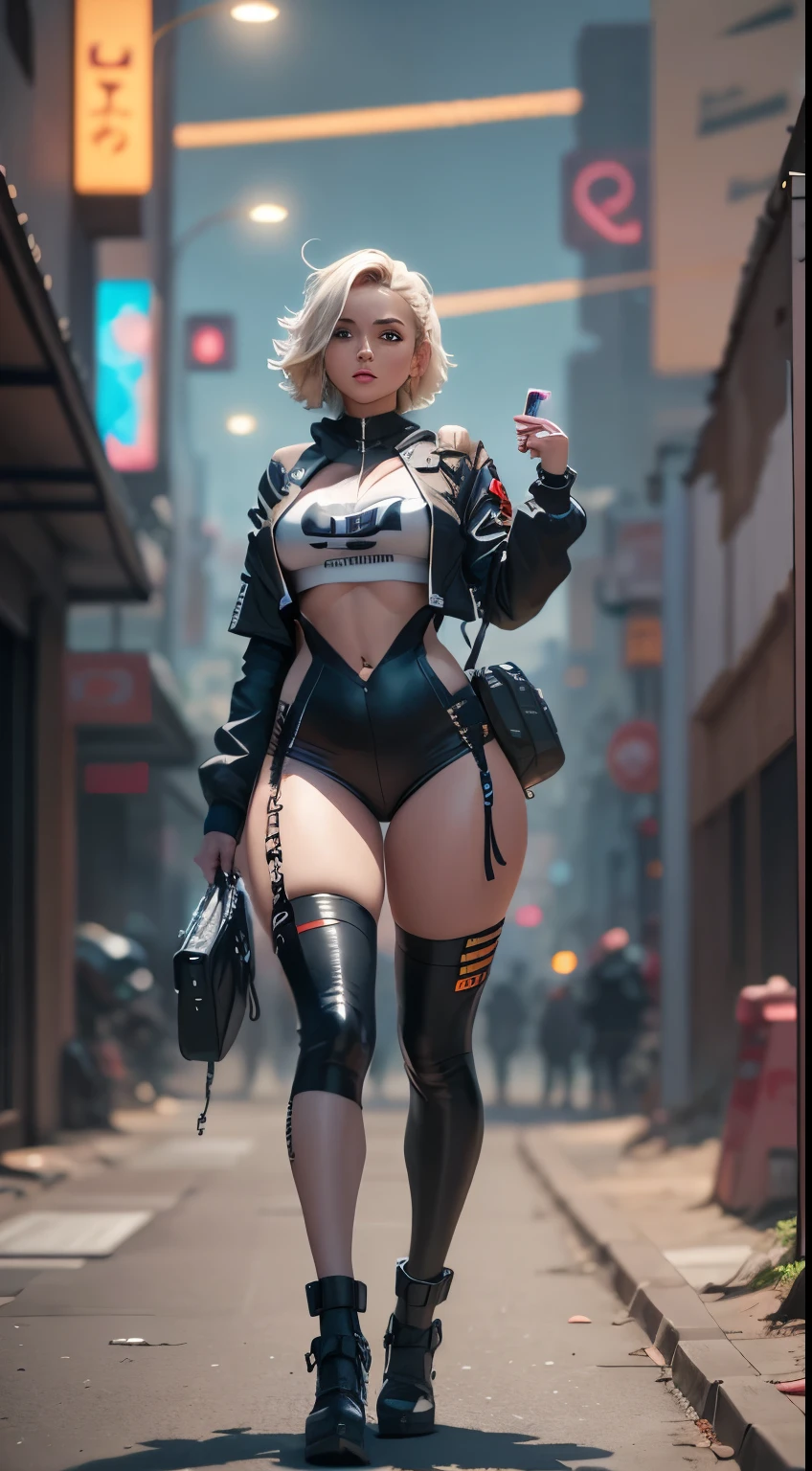corpo todo, uma garota de anime loira com seios grandes e um biquini sexy, posando sedutoramente em uma cidade futurista, estilo ciberpunk, 16K