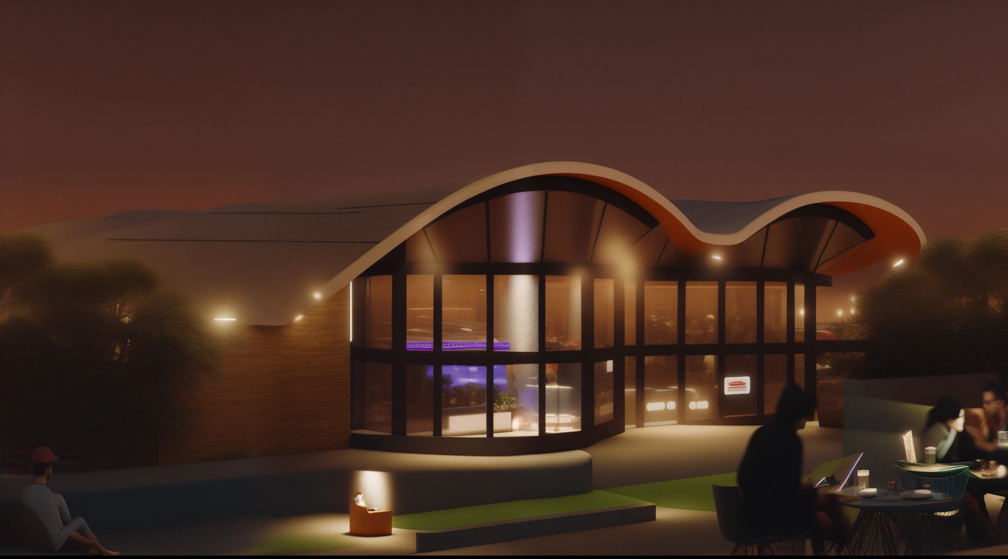 people sitting at tables outside of a building at night, night time render, artists impression, architectural visualisation, architectural render, photographic render, concept house, artist impression, architecture render, conceptual rendering, an award winning digital render, digital render, artist's impression, photo render, futuristic pizza hut at night, exterior shot, inspired by Dugald Sutherland MacColl 