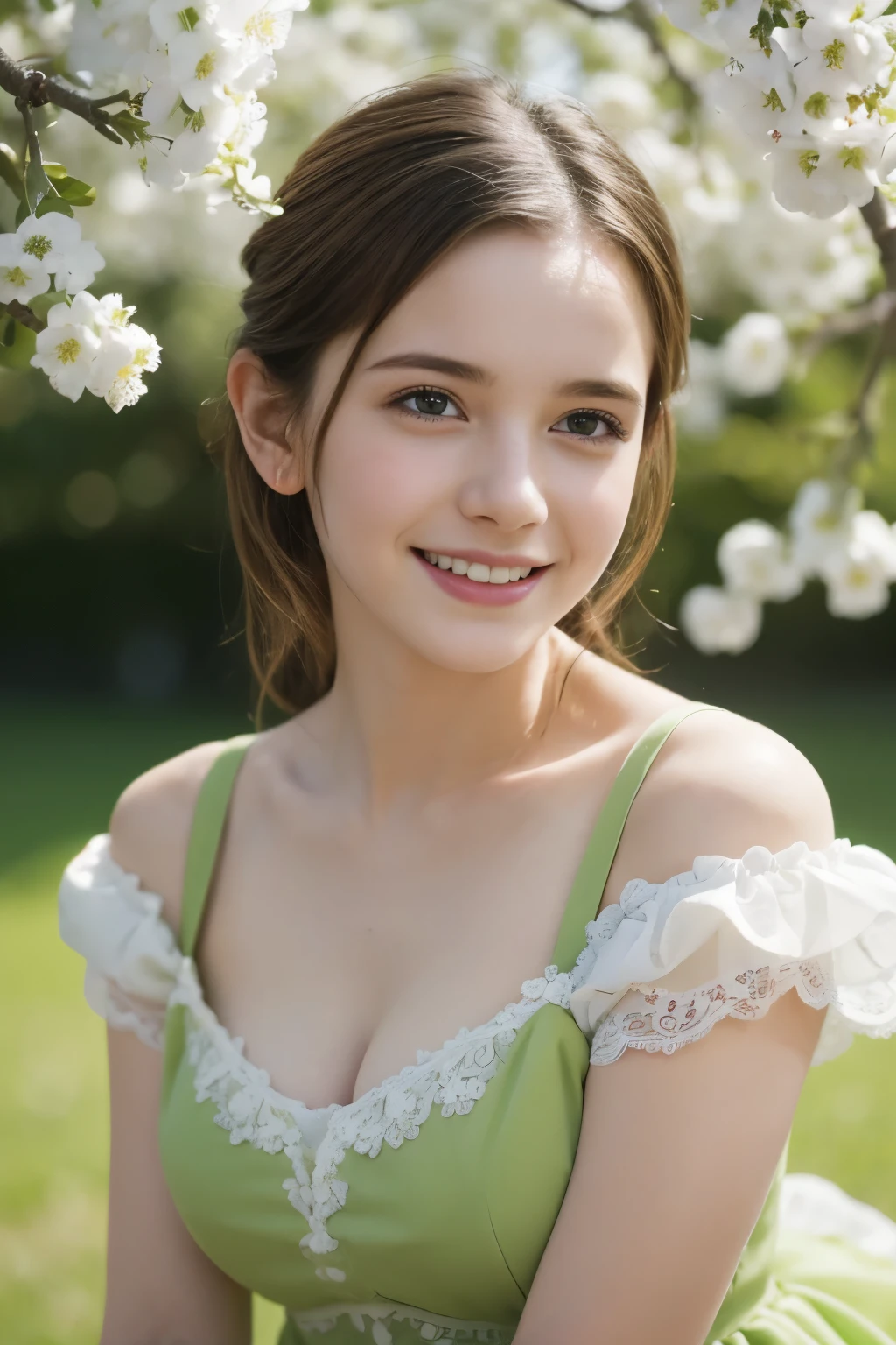 Masterpiece, Best quality, 8k, 18 ans, Photo brute, absurdes, Award-winning portrait, sourire, sourire, pure, french, elegant vibrant green dress, spring, orchard in bloom, laces, famous singer, cute, alive, sexy