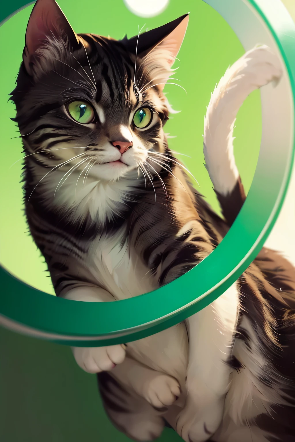 (best quality, highres, ultra-detailed), realistic, detailed green circle, cat portrait, intricate eyes, soft fur, cute whiskers, vibrant colors, natural lighting