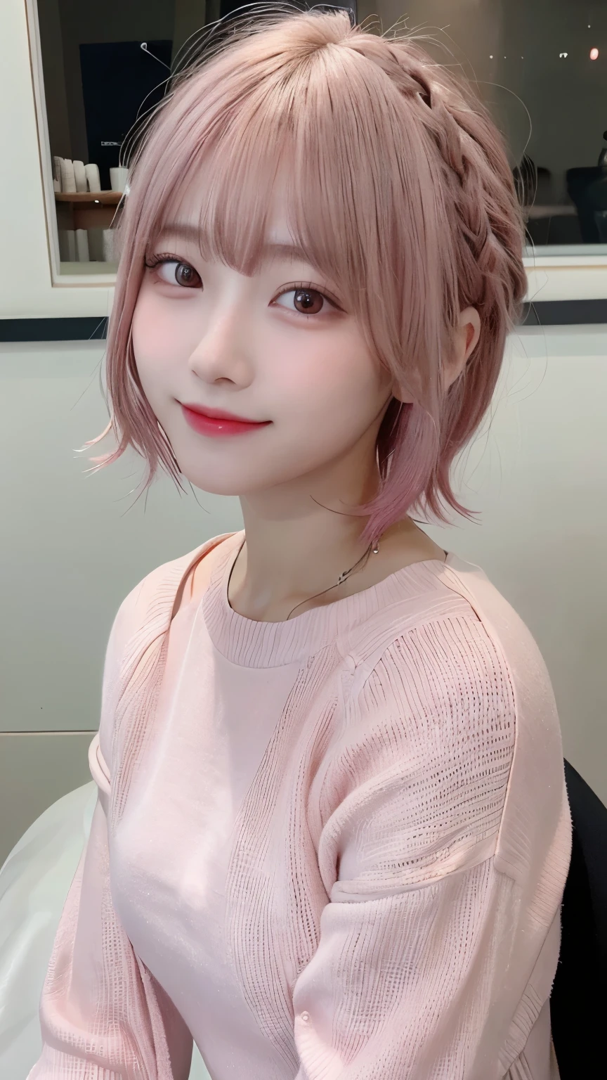 Photo of a girl during an amazing portrait session, Shot in 8K, Top quality and 3D Cinema Light Ultra High Definition for ultimate immersion. The setting is Hong Kong in the 1990s., Medium shot showing every detail of her,((hairstyle,medium short hair,bob,straight hair,pink hair color:1.4)),((pink knit clothes:1.3)),See here,laughing out loud,Upper body,cute,real face,