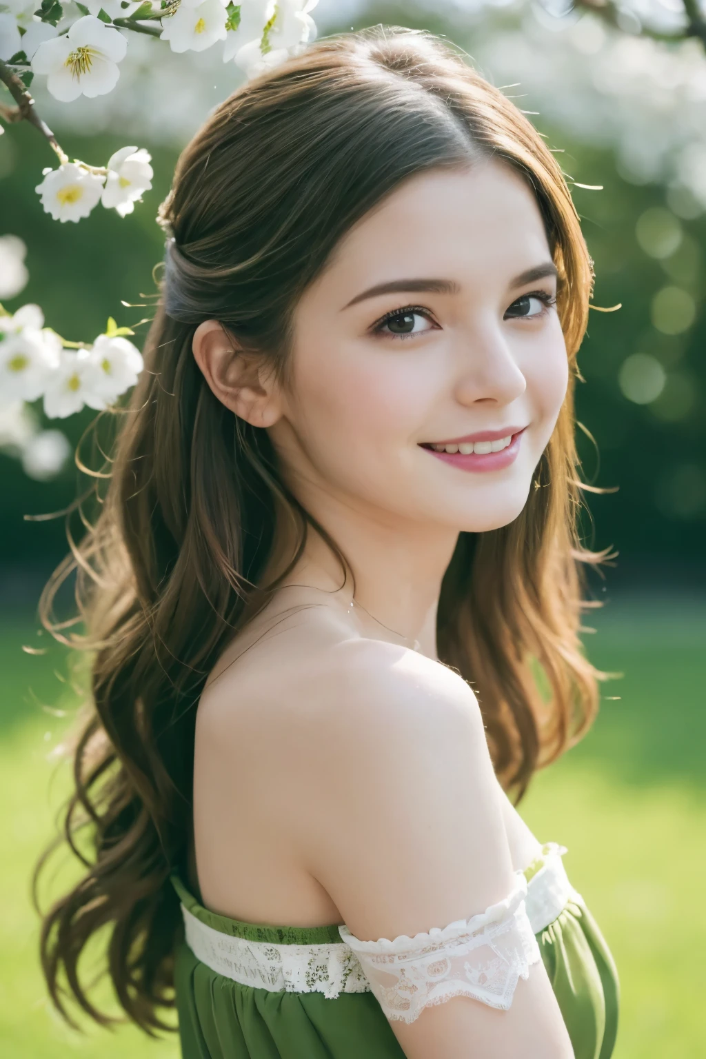 Masterpiece, Best quality, 8k, 18 ans, Photo brute, absurdes, Award-winning portrait, sourire, sourire, pure, french, elegant vibrant green dress, spring, orchard in bloom, laces, famous singer, cute, alive, sexy, long hair