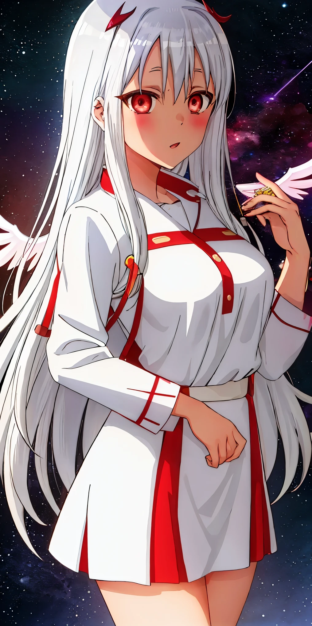 Nagatoro Hayase, goddess, pale skin with white dots resembling stars in the sky, white hair, glowing red eyes, white tunic, cosmic space, glowing wings, Nagatoro with divine appearance, cosmic, goddess 