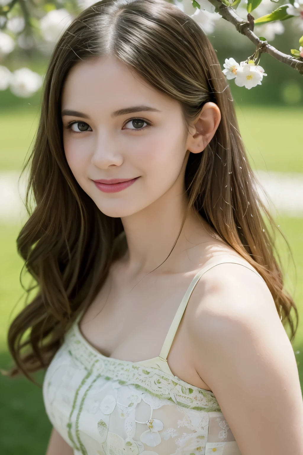 Masterpiece, Best quality, 8k, 18 ans, Photo brute, absurdes, Award-winning portrait, sourire, sourire, pure, french, elegant vibrant green dress, spring, orchard in bloom, laces, famous singer, cute, alive, sexy, long hair