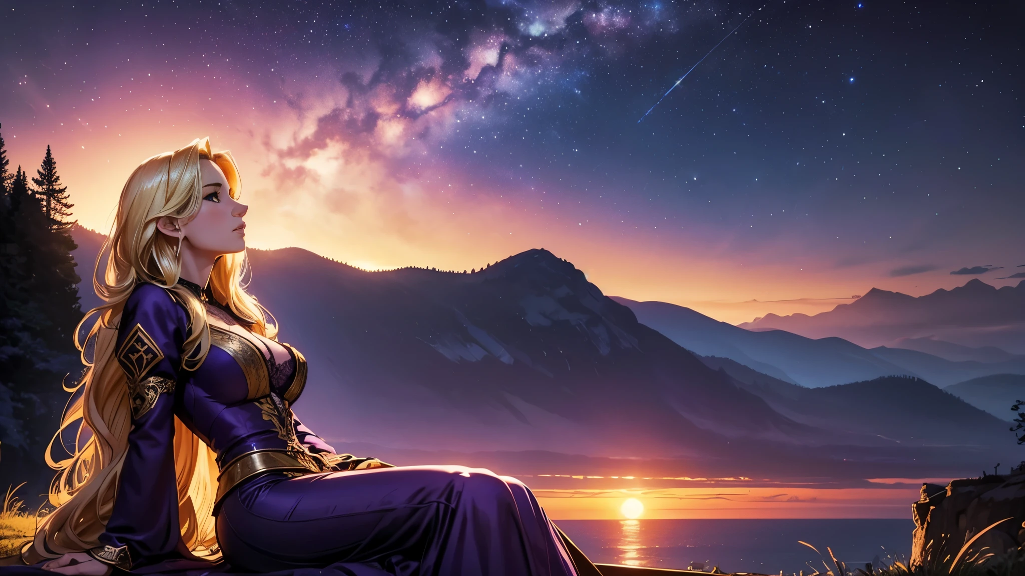 Masterpiece, highly detailed, extremely beautiful blonde young Sweden woman, age 20, long wavy blond hair, perfection, fit, purple elegant translucent lace silk dress, sensual, big breasts, sitting, looking up at the sunset sky, medieval fantasy setting, atmospheric, nice vibe, vibrant colors, confident, happy thoughts, elegant, looking up, dreaming, thinking, cinematic shot, moody shot, close shot, inspirational, breathtaking, awe-inspiring, starry sky