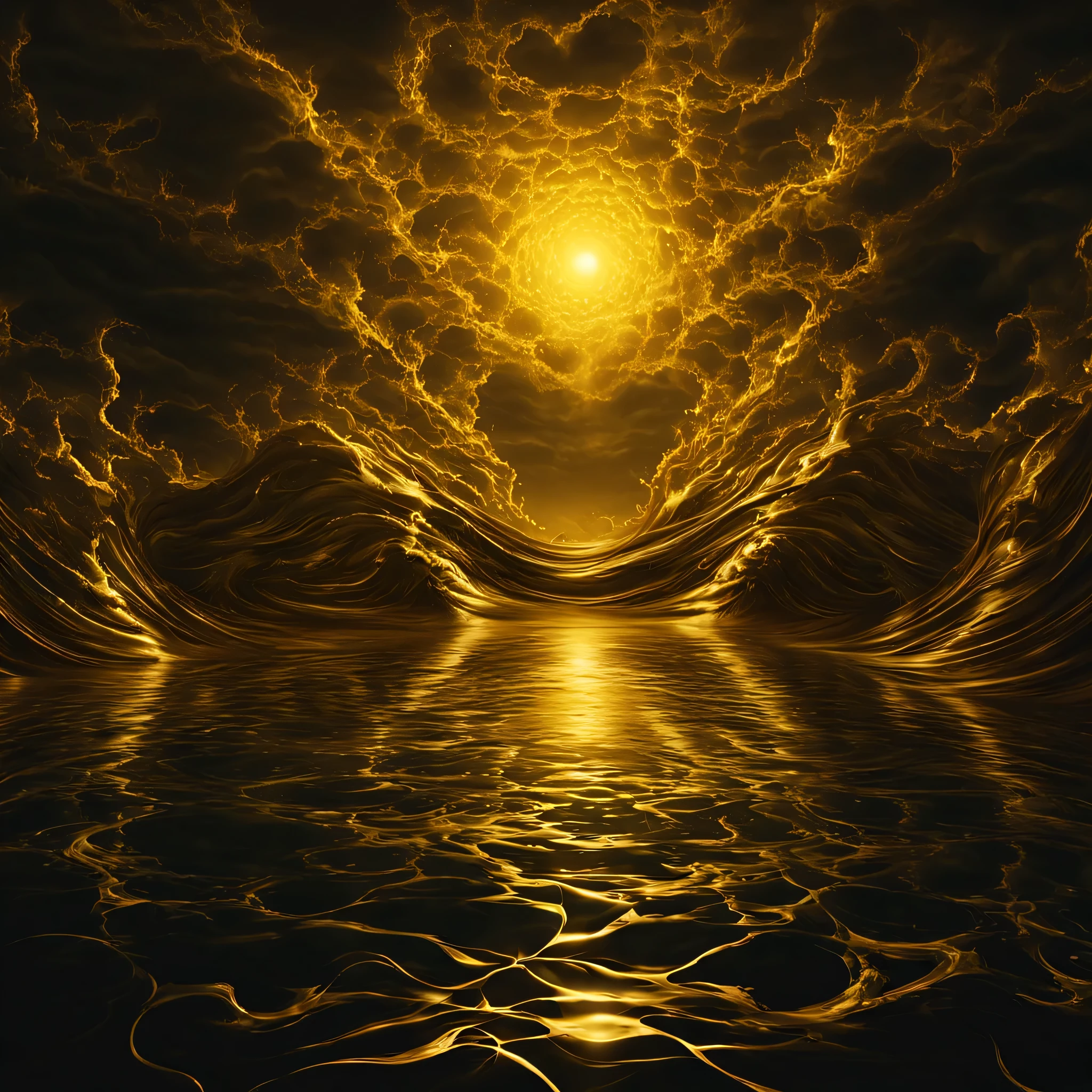 Warte auf Anweisungen: The liquid gold spreads out in all directions like a threatening sea of doom, eine endlose Flut aus echtem 999er Gold, die das Auge blendet und die Sinne gefangen nimmt. Jede Welle wirbelt wie eine dunkle Quelle aus reinem Gold, deren Bewegungen die Essenz von Untergang und Verzweiflung auszustrahlen scheinen. A liquid floats in the distance, totes Einhorn, whose once brilliant fur is now drenched in the golden tide, als eine schreckliche Erinnerung an das vergangene Leben und die verlorene Unschuld. The surface of this foreboding body of water is not just smooth, sondern strahlt auch eine erstickende Hitze aus, which envelops the viewer and immerses them in a feeling of hopeless darkness and oppression. But in the midst of this gloomy environment, Das Gold erscheint nachts wie ein funkelnder Sternenhimmel, Each glittering reflection of the sun on the surface illuminates the darkness and adds a touch of majestic splendor to the gloomy place. Es ist, like immersing yourself in a world, in which every element is made of pure gold - a surreally dark vision, which seems to exceed the limits of horror. This golden liquid gold is not just a feast for the eyes, sondern eine Erfahrung, that evokes the deepest fears and takes the imagination into a world of inescapable decay and unimaginable torment. Es ist, like immersing yourself in a world, in der alles aus purem Gold besteht, where every whirlpool and whirlpool of viscous gold holds a cruel punishment and the air is filled with an air of doom. This liquid gold is a place of eternal damnation and endless torment, that envelops the senses in darkness and plunges the imagination into an abyss of gloomy horror.