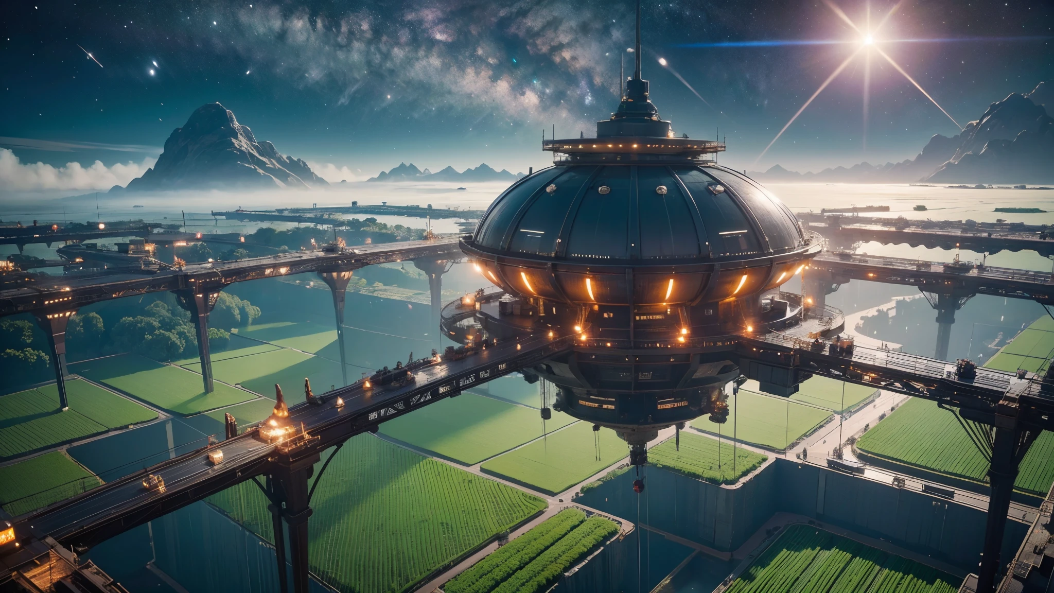 启动未来派水稻田与Space Station的创作模式，Incorporating elements from alien rice。first，Paint a deep space background，The stars are shining，The universe is boundless。in this magnificent universe，一座先进的Space Station静静地漂浮着，Its structure is complex and delicate，Reflecting the rays of the sun，Showing the brilliance of human technology。 Space Station下方，It is a rice field full of vitality and vitality。This rice field contrasts sharply with the space environment，Emerald green rice leaves and golden ears of rice sway in the sun，Like the green gem of the earth。in this rice field，A unique alien rice grows，Their shape is different from traditional rice，Taller、lush，Emits faint fluorescence。 To create a futuristic atmosphere，Can use avant-garde and abstract colors and lines，such as deep purples、Neon blue and fluorescent green, etc.。Space Station、Elements of alien rice and rice fields can echo each other，Form unique visuals。simultaneously，Pay attention to maintaining overall unity，The elements of space and rice fields are integrated into the picture.，Presenting a futuristic beauty。 In detail processing，You can add some science fiction elements，Such as advanced equipment of the space station、The mysterious texture of alien rice and more。simultaneously，It can also demonstrate the precise operation of intelligent robotic arms in rice fields.、UAV inspection and monitoring and other future agricultural scenarios。 at last，Optimization and adjustment through AI tools，使Space Station与未来派水稻田的场景更加生动和逼真。Such a design will show the perfect combination of future agriculture and space technology，and humankind’s exploration and expectation of extraterrestrial life，Filled with infinite reverie about the future。