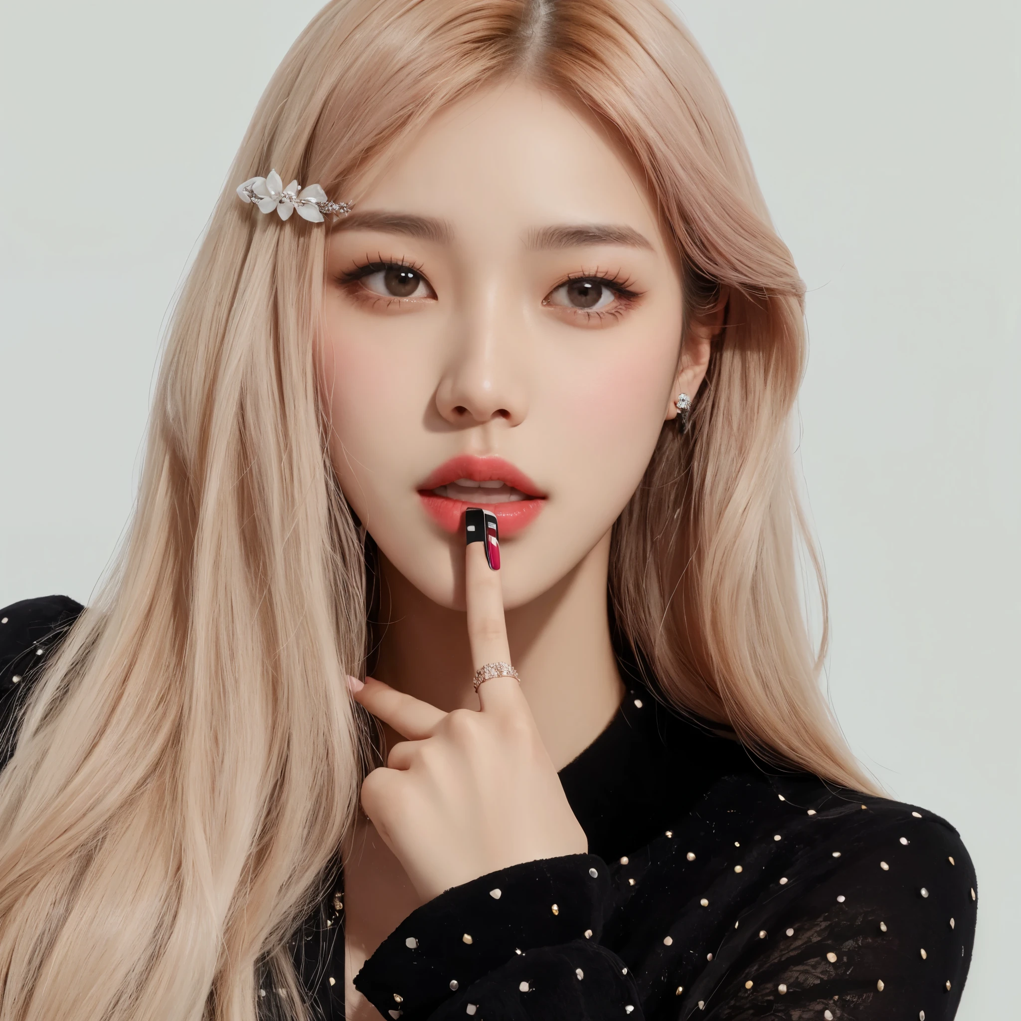 un primer plano de una persona con un dedo en el labio, roseanne park of rosa negro, jossi of rosa negro, portrait of jossi of rosa negro, lalisa manoban of rosa negro, portrait jisoo rosa negro, Lalisa Manobal, jisoo of rosa negro, rosa negro, jisoo from rosa negro, Kpop idol portrait, portrait of female korean idol, korean idol, sun yunjoo