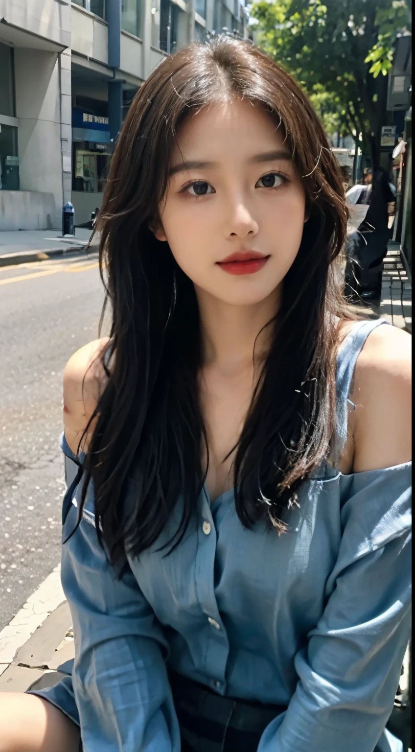 ((best quality, 8k, masterpiece:1.3)), a beautiful girl，pure，oval face，Gentle and cute，sweet smile，pure desire，thin body，(street frontage)，(tilt your head)，looking directly into the camera，, Heart, formal，Black silk long, straight hair，Long hair flowing past shoulders，Big, round, black eyes，clear big eyes，Hydrating red lips，Sweet，sitting on the roadside，blue sky白云，blue sky，grassland，building，