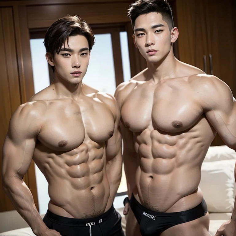 Young looking boys aged 15-18, two handsome boys, Asian and Mandingo two male gay couples, stocky athlete-like physique, broad shoulders, thin waist, sharp muscles, model-like height, crew or buzz cut hair, tanned skin,(masterpiece, best quality), extreme detailed, colorful, highest detailed,((full shot)), (best quality), (ultra detailed), (highly detailed cg illustration), (an extremely delicate and handsome),